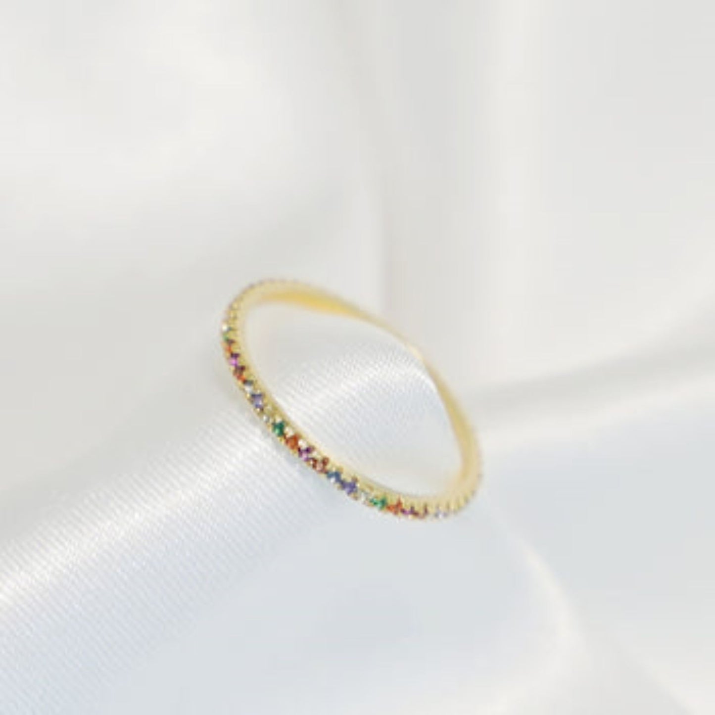 14K Gold on Sterling Silver Full Eternity Rainbow 1mm CZ Crystal Stacking Ring - sugarkittenlondon