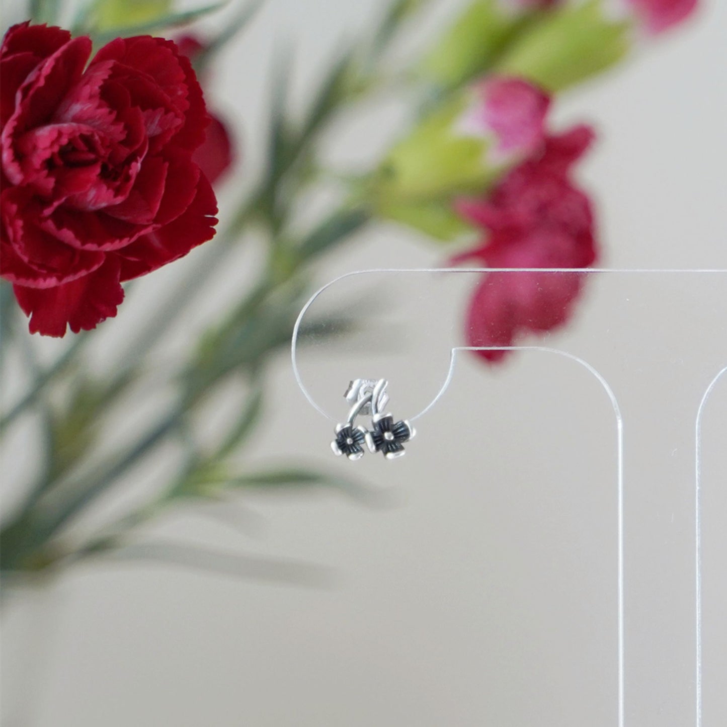 Sterling Silver Oxidized Retro Flower Branch Blossom Pair Drop Stud Earrings - sugarkittenlondon