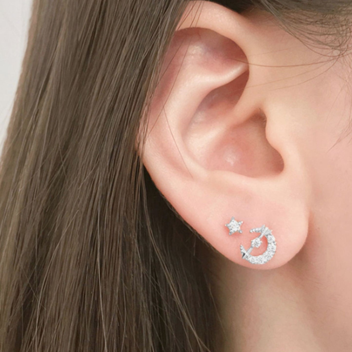 Sterling Silver Moon Star Love Arrow Stud Earrings with CZ Paving and Rhodium Plating