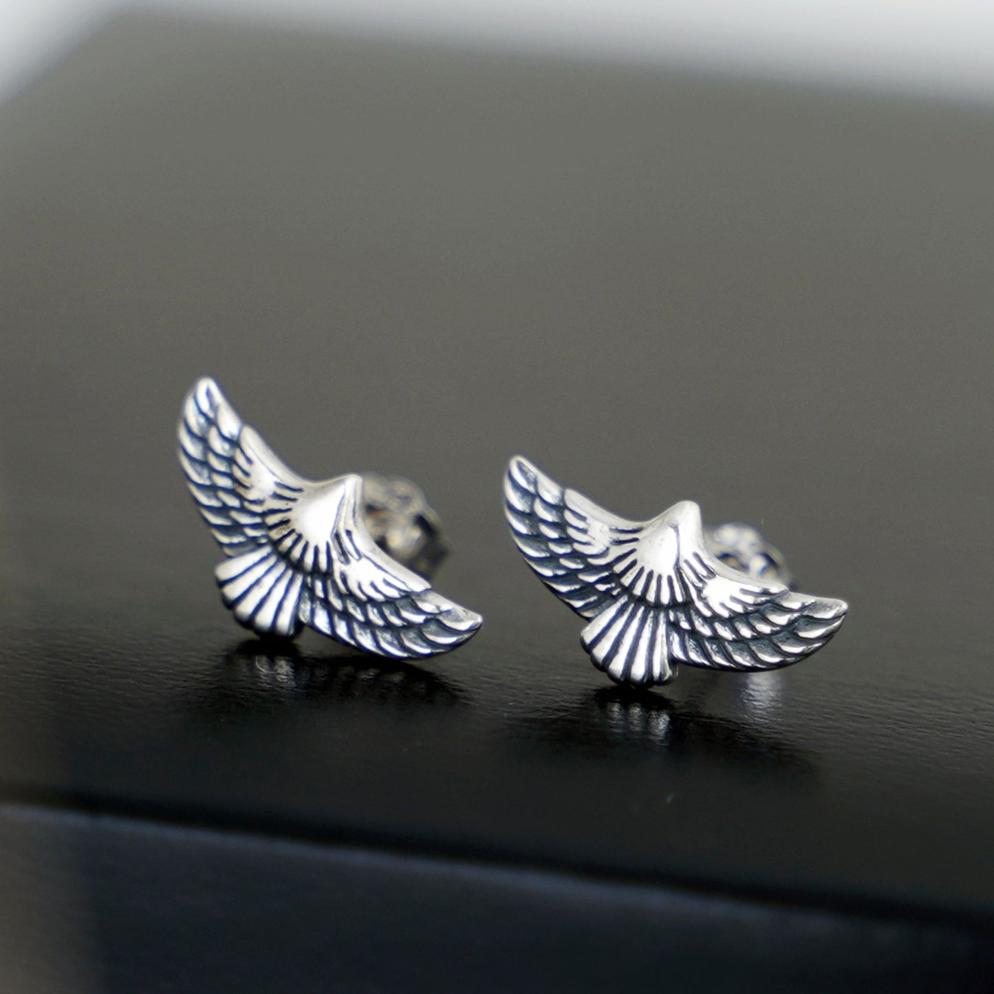 Sterling Silver Oxidized Flying Eagle Wing Feather Bird Stud Earrings Boxed - sugarkittenlondon