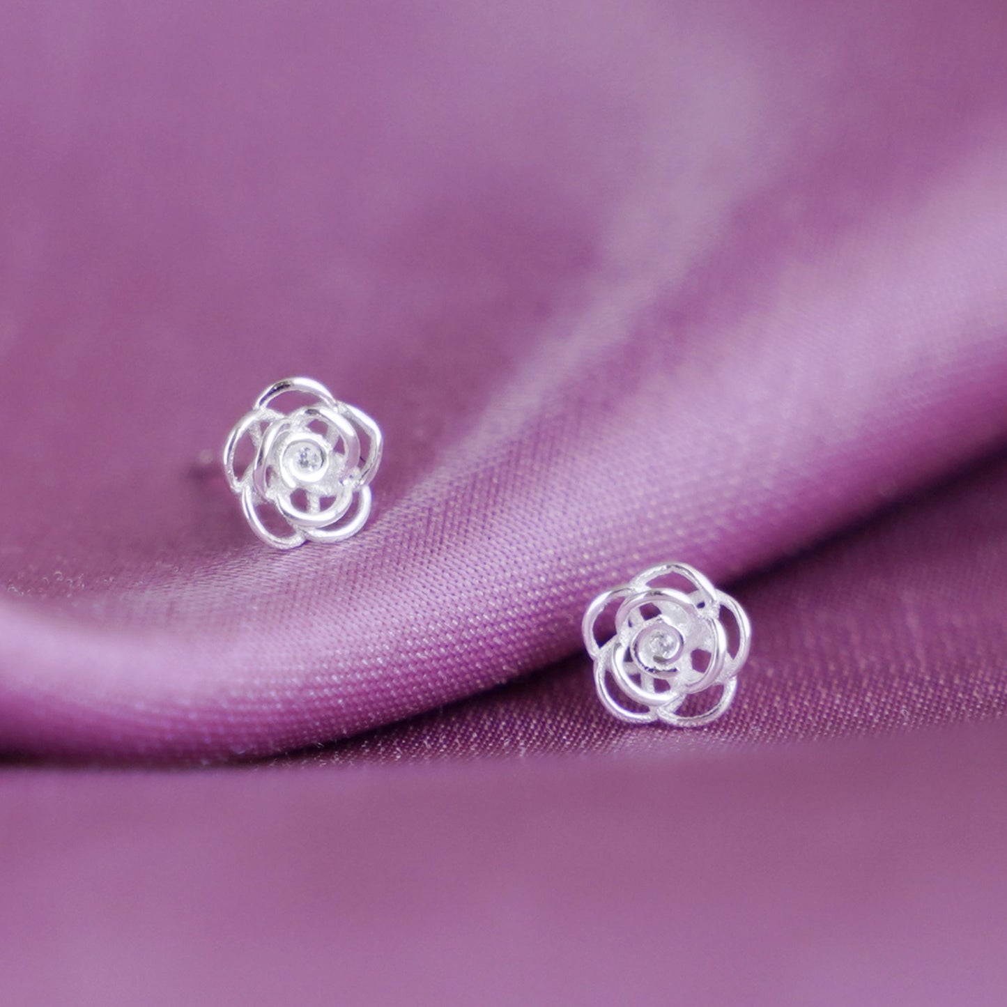 925 Sterling Silver Rose Flower 3D Hollow Stud Earrings with CZ - Gift Boxed