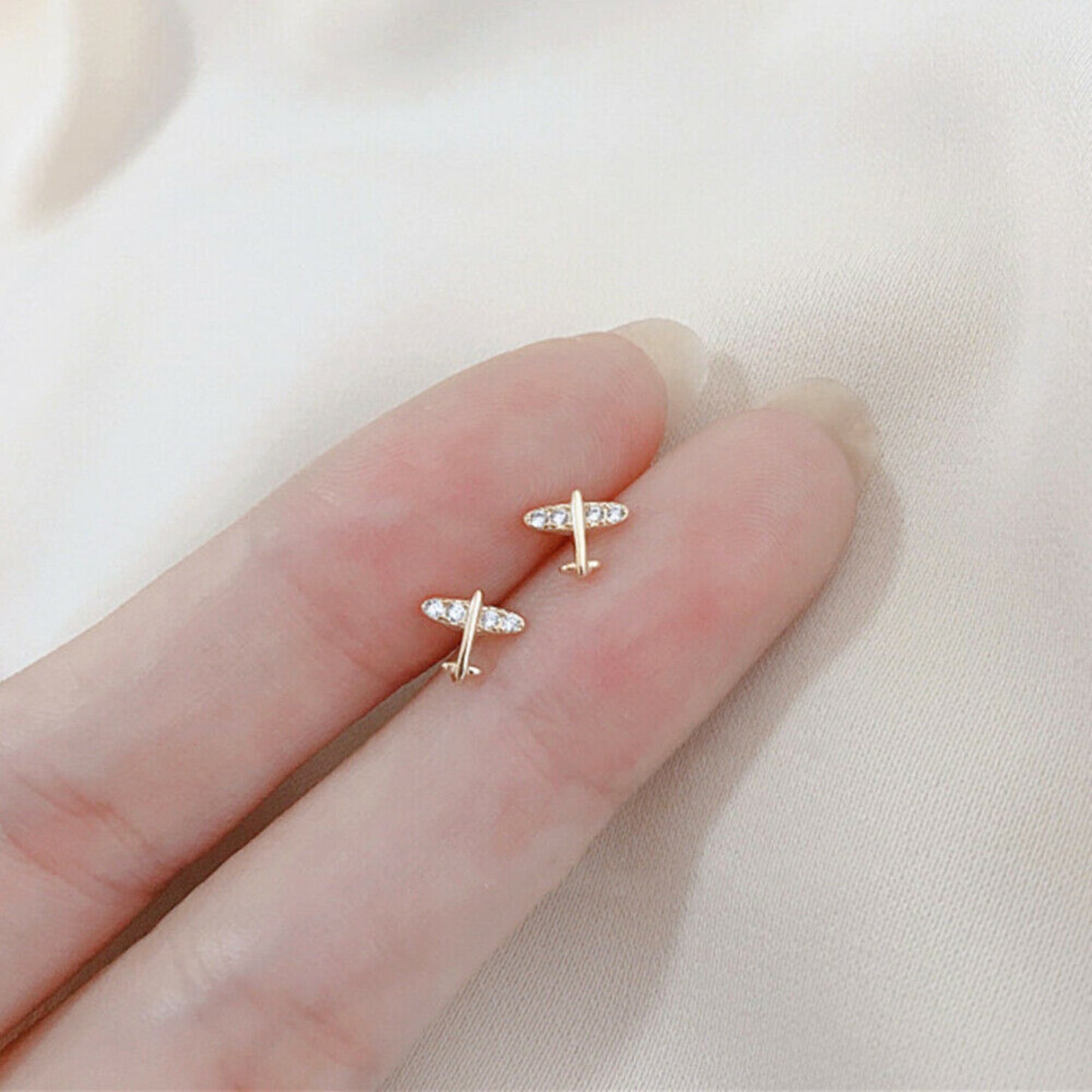 18K Gold on Sterling Silver Airplane CZ Stud Earrings