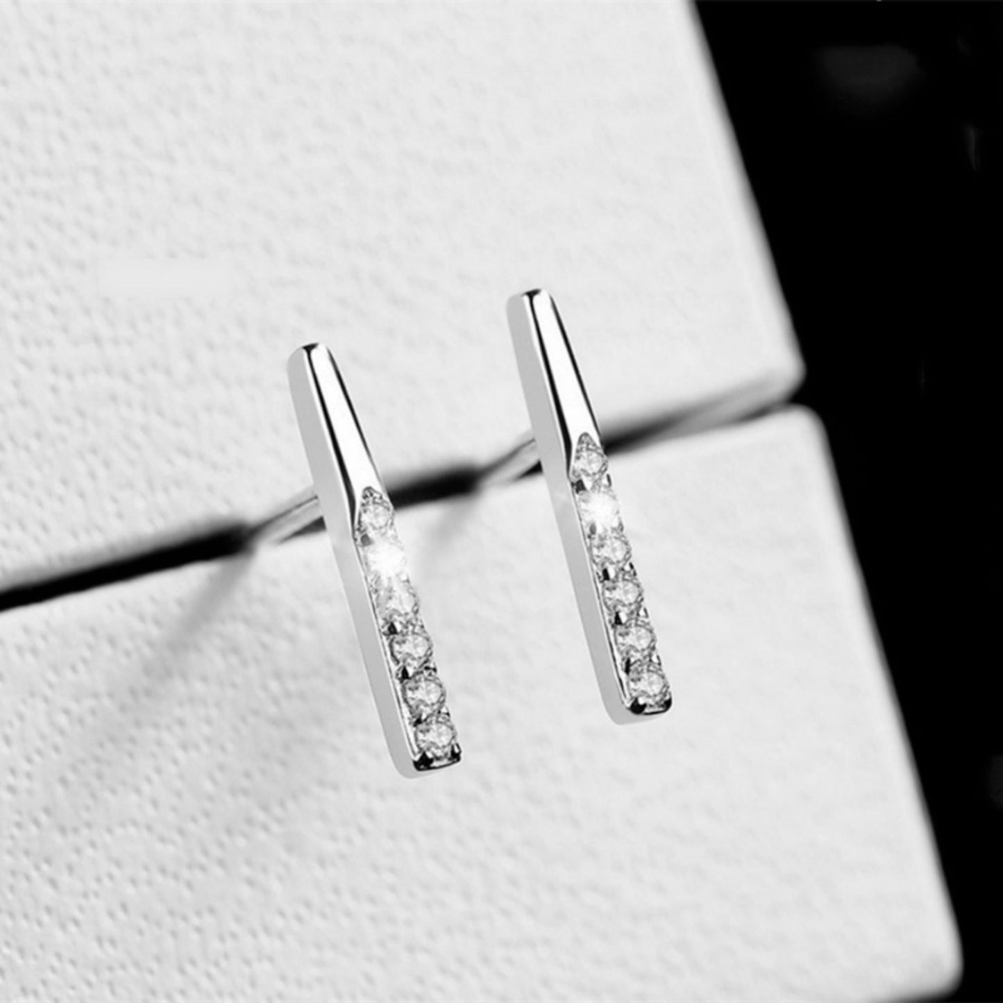 Sterling Silver Simple Paved CZ Pin Line Pointy Bar Stud Earrings - sugarkittenlondon