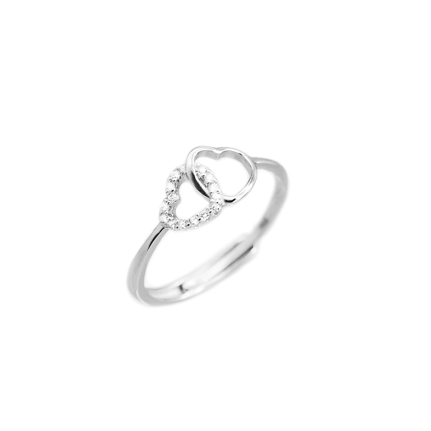 Rhodium Love Ring with Sterling Silver Linked Hearts and Crystal CZ Paving