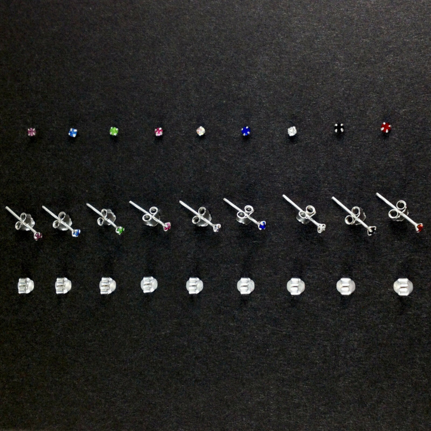 Sterling Silver Tiny 1.5mm CZ Clear Blue Black Red Opal Green Earrings - sugarkittenlondon