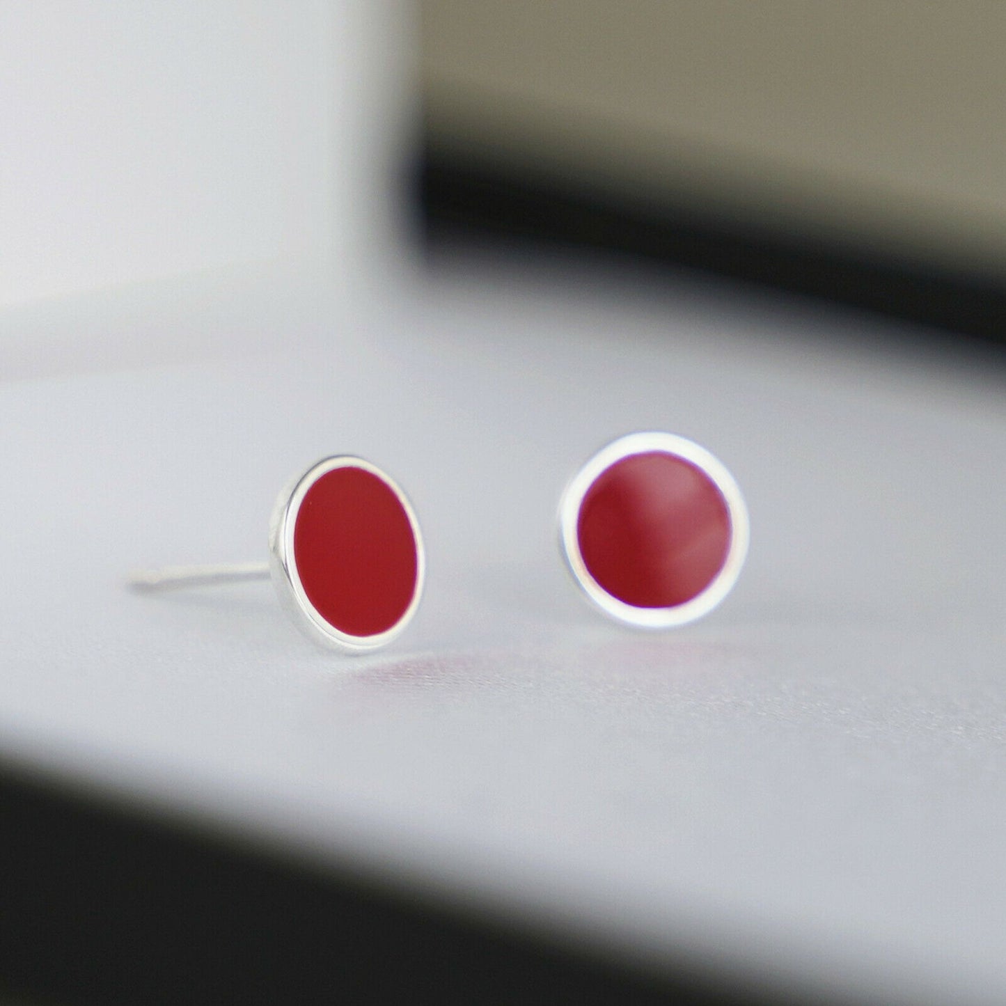 Sterling Silver Black and Red Glazed Disc Stud Earrings for Men and Women
