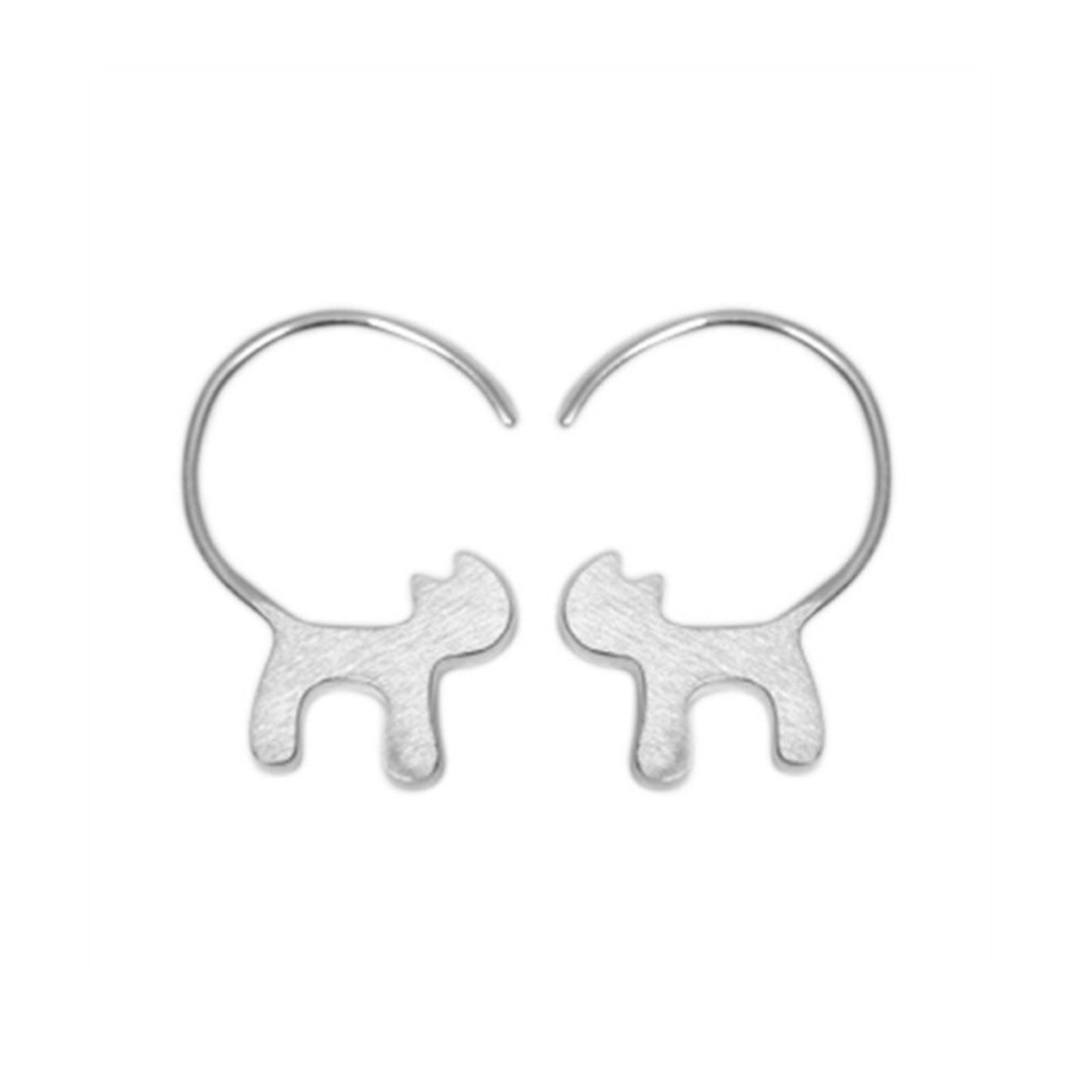 Sterling Silver Brushed Playful Cat Kitten Kitty Raised Tail Stud Earrings - sugarkittenlondon