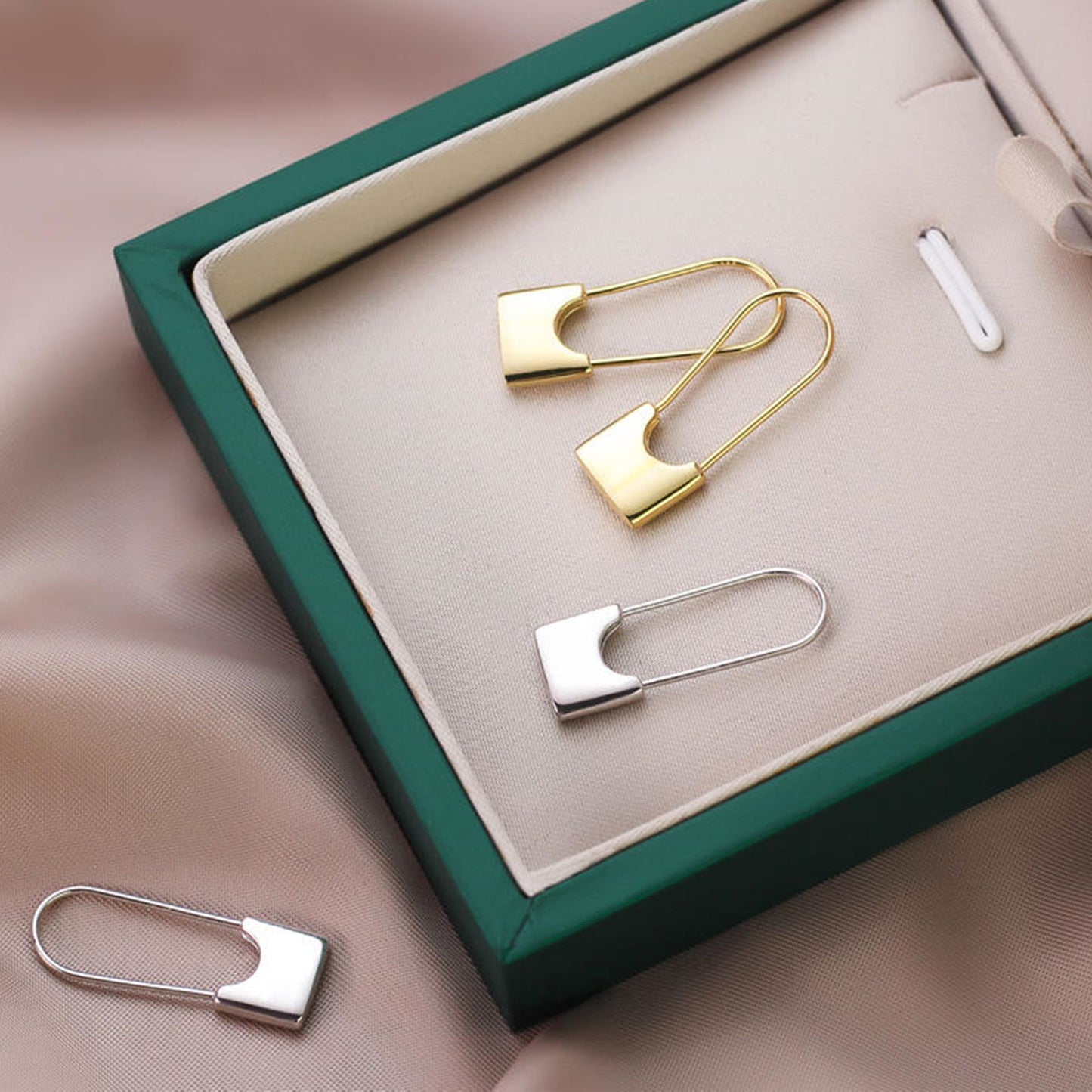 925 Sterling Silver Safety Pin Hoop Earrings with Padlock Charm