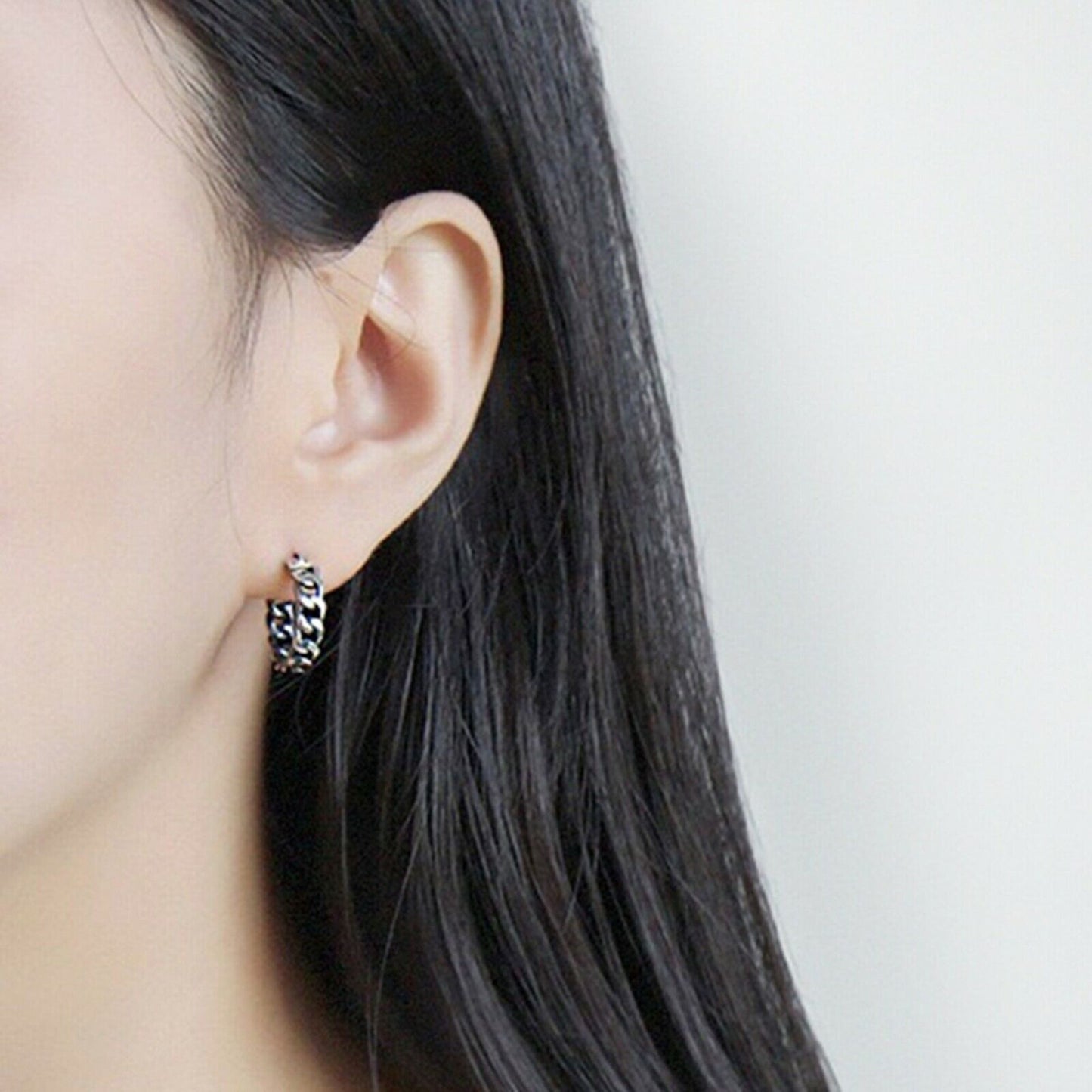 Unisex Sterling Silver Curb Chain Hoop Earrings with French Lock Closure