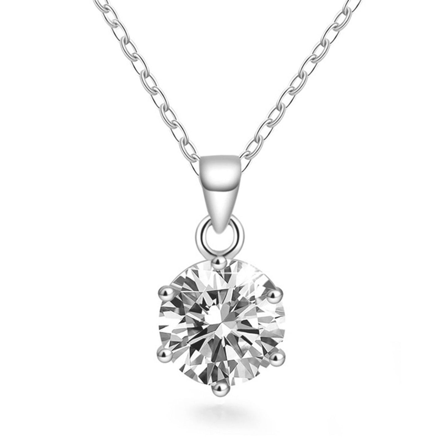 Sterling Silver Diamante 6 Claw Solitaire Clear 7mm CZ Pendant Necklace 3 Chains - sugarkittenlondon