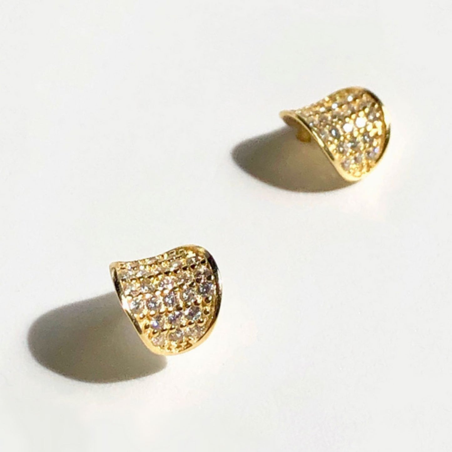 Pave CZ Gold Stud Earrings with Curvy Hoops on sterling silver