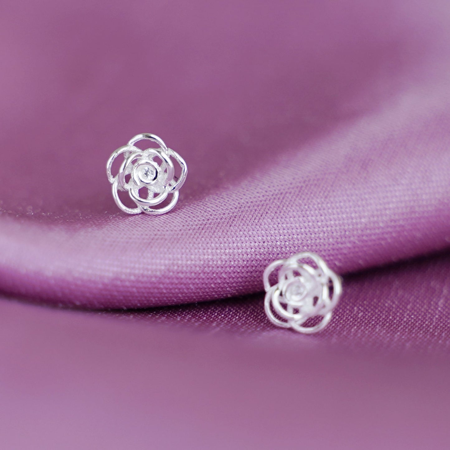 925 Sterling Silver Rose Flower 3D Hollow Stud Earrings with CZ - Gift Boxed