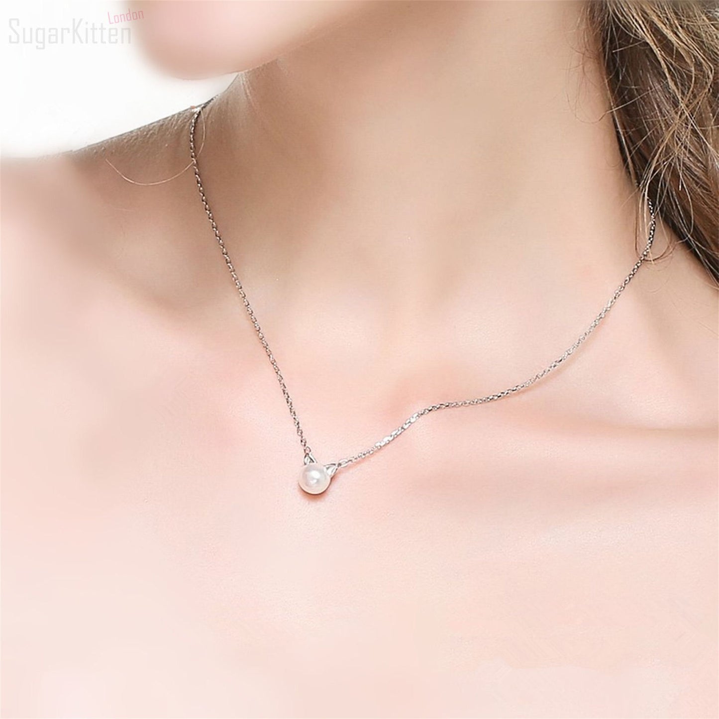 Sterling Silver 7mm Cultured Freshwater Pearl Cat Kitten Stud Earrings Pendant Necklace 3 Tones - sugarkittenlondon