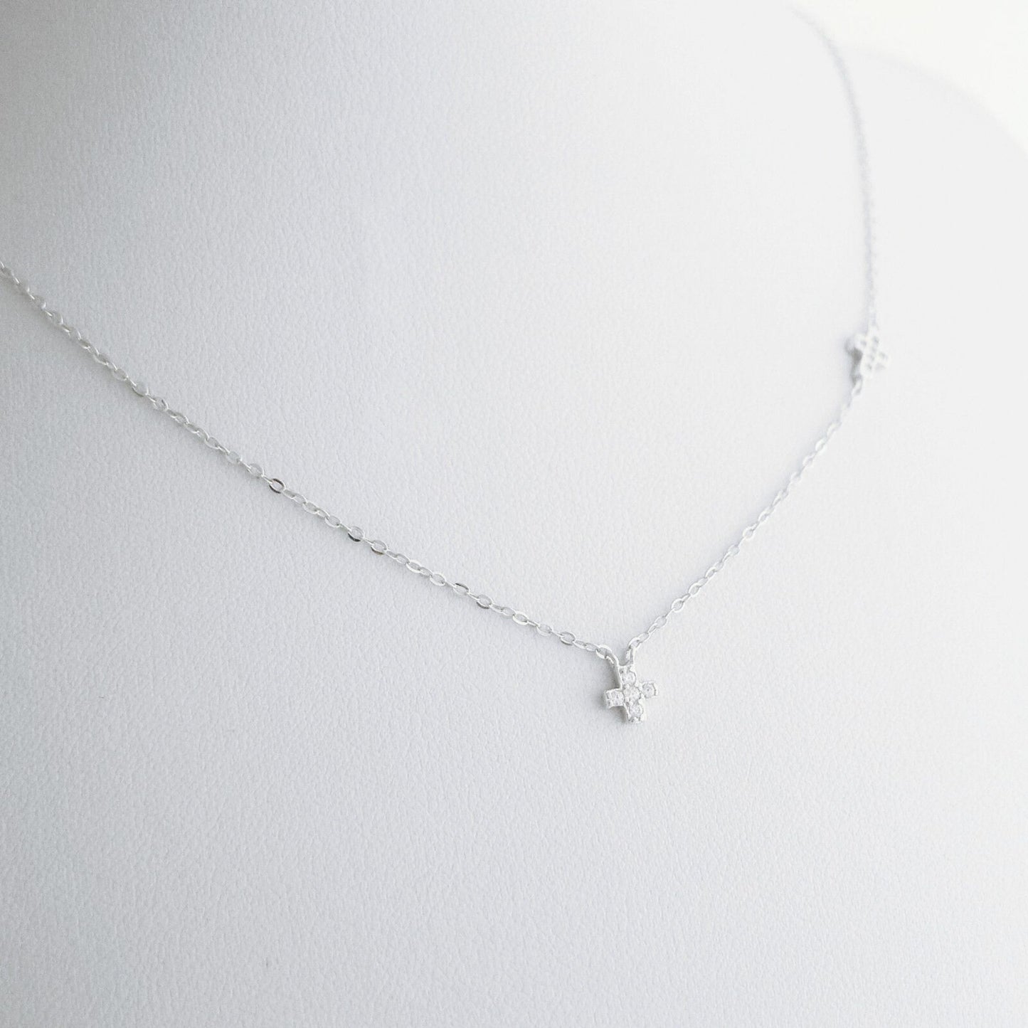 SKL Sterling Silver Double Cross Micro Pave Cz Sideways Horizontal Charm Necklace - sugarkittenlondon