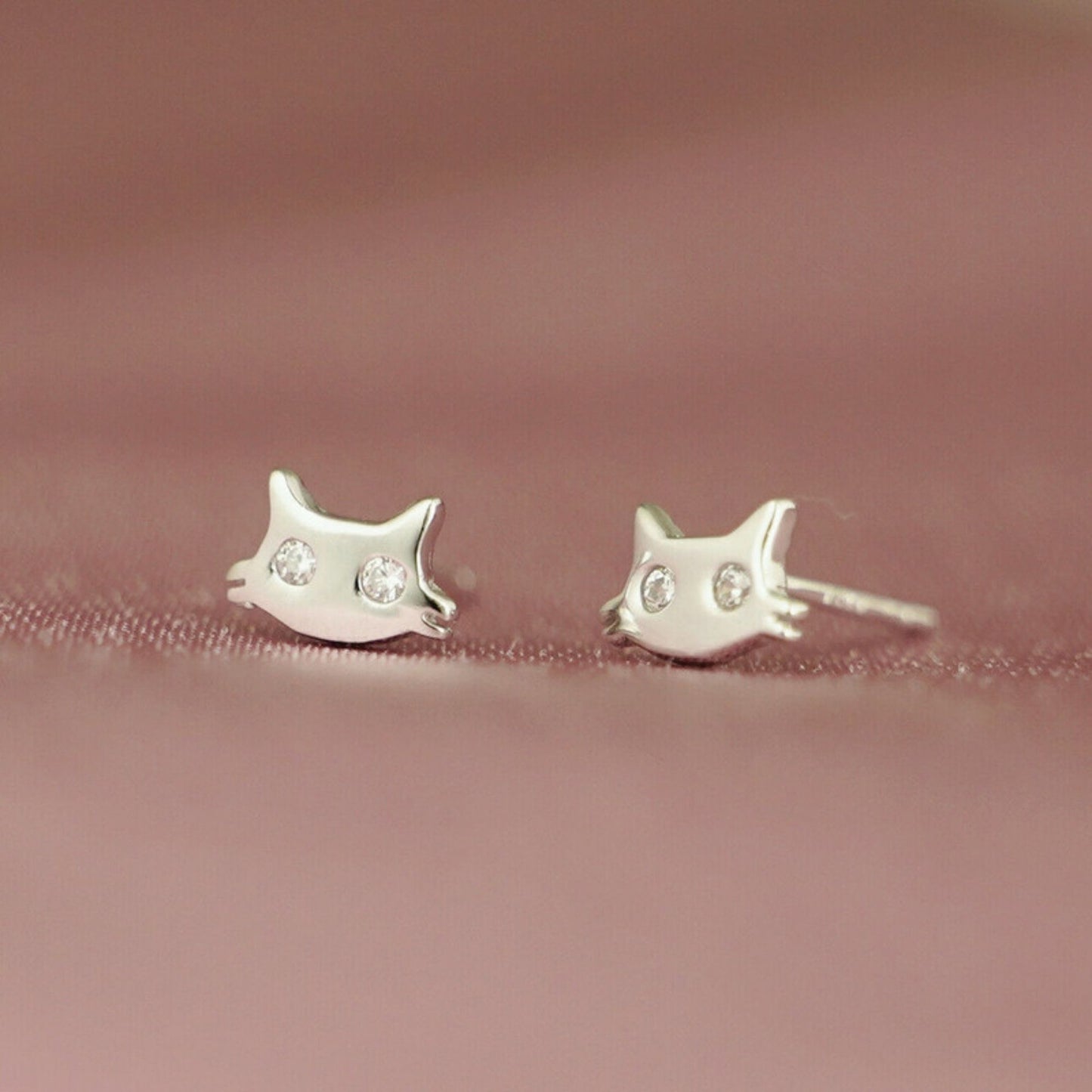 Sterling Silver Mini Cat Kitty Kitten With CZ Eyes Stud Earrings Boxed - sugarkittenlondon