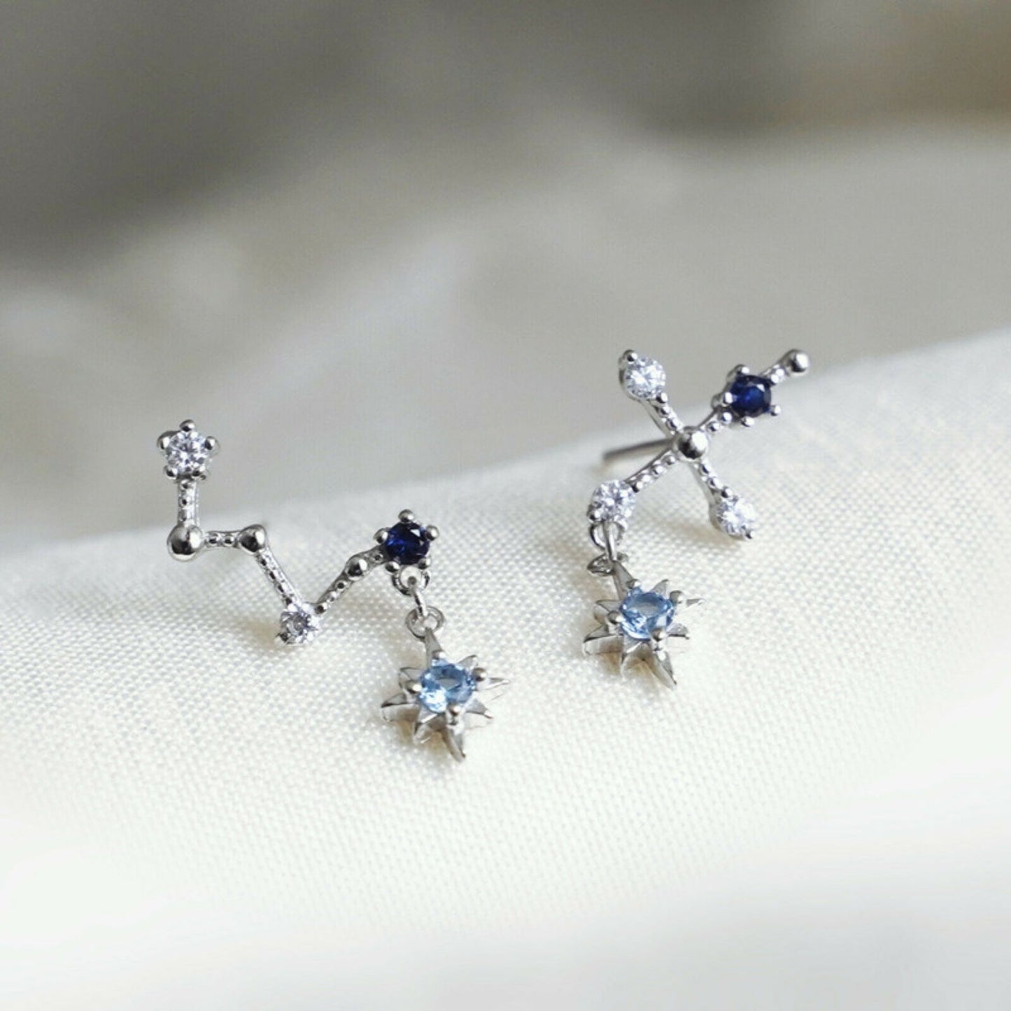 Sterling Silver CZ Big Dipper Blue Polaris Star Cross Climber Drop Earrings - sugarkittenlondon