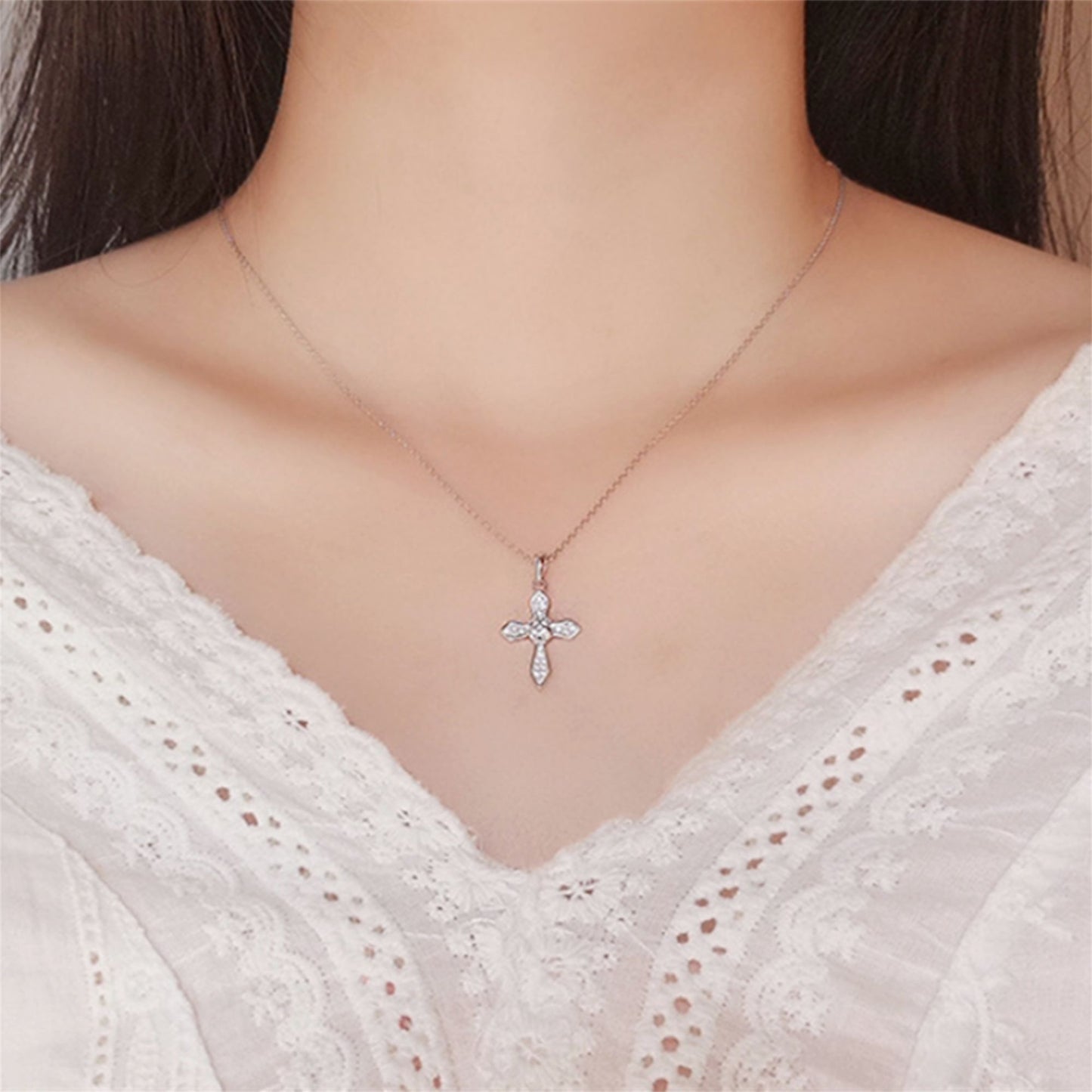 Sterling Silver Passion Cross Diagonal Cross Centre Paved CZ Pendant Necklace - sugarkittenlondon