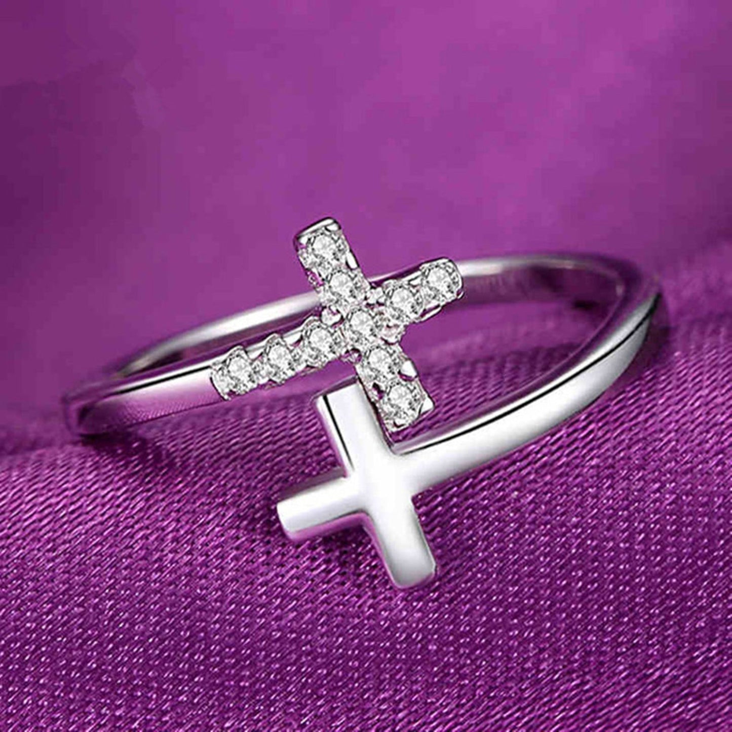 Rhodium on Sterling Silver Double Cross Paved CZ Wrap Open Band Ring - sugarkittenlondon