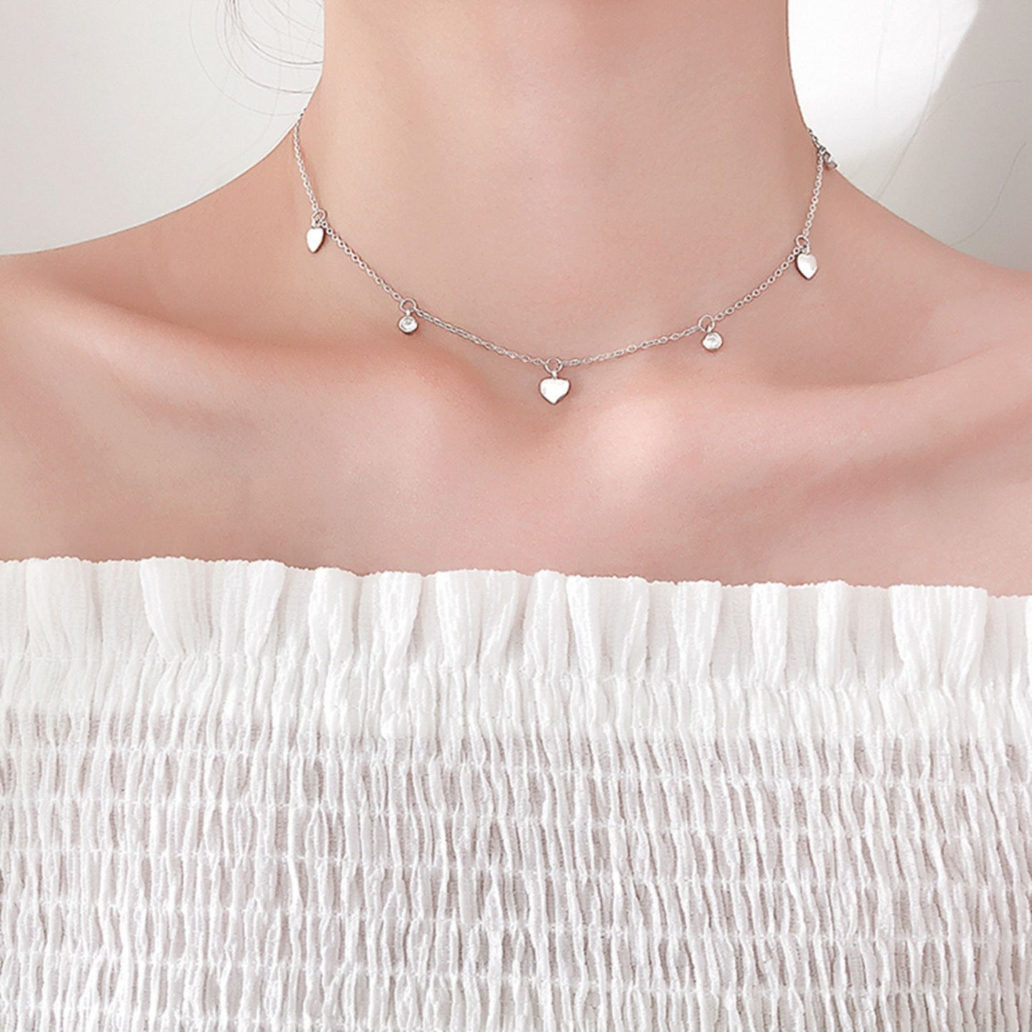 Rhodium on Sterling Silver Mini Love Heart Bezel CZ Charms Drip Choker Necklace - sugarkittenlondon
