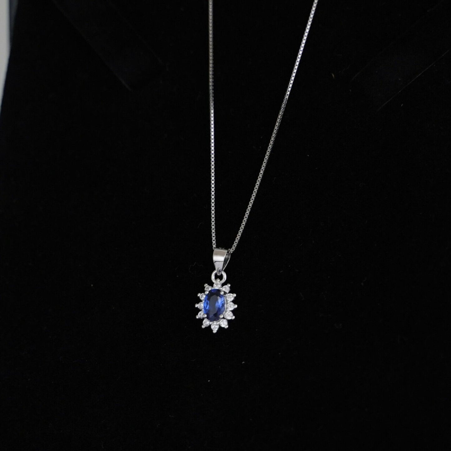 Sterling Silver Classic Blue Sapphire Colour Oval CZ Cluster Pendant Necklace - sugarkittenlondon