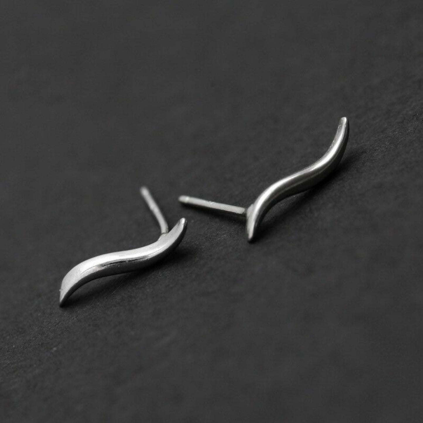 Sterling Silver Solid Small Wavy Vine Line Flash Climber Post Stud Earrings - sugarkittenlondon