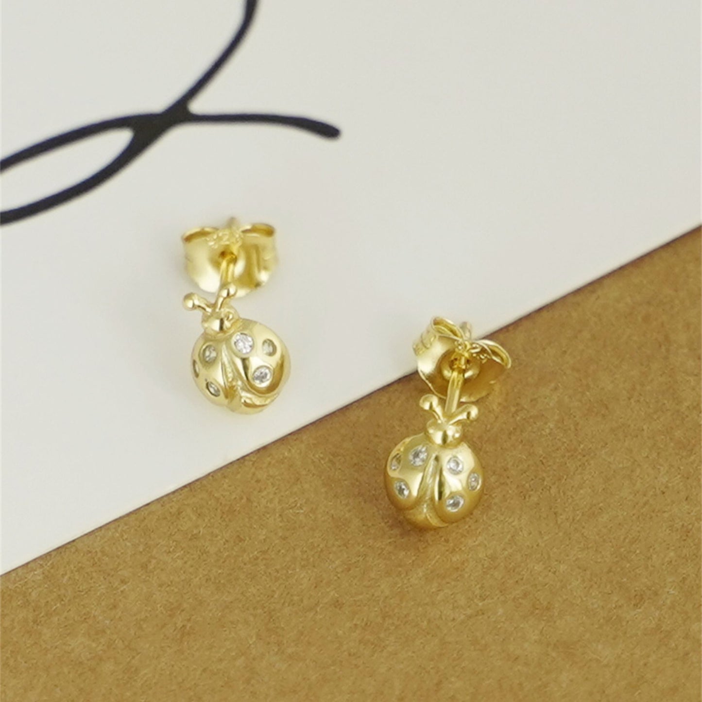 18K Gold on Sterling Silver Ladybird Stud Earrings with CZ