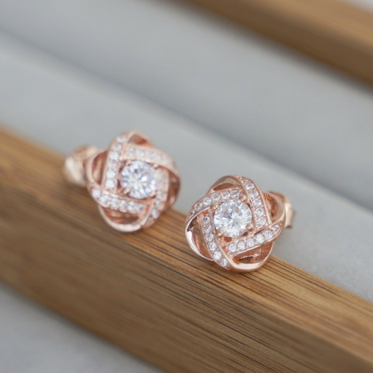 Rose Gold on Sterling Silver CZ Halo Knot Flower Stud Earrings Jewellery Lady II - sugarkittenlondon