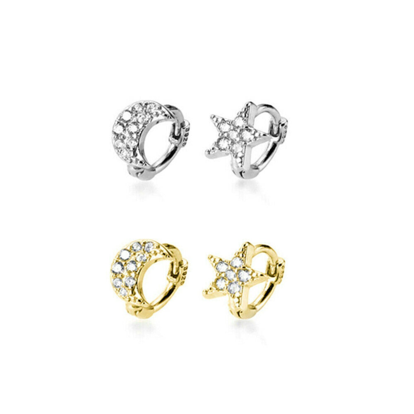 Sterling Silver Mini 6mm Hoop Shiny CZ Star Moon Huggie Hinged Earrings - sugarkittenlondon