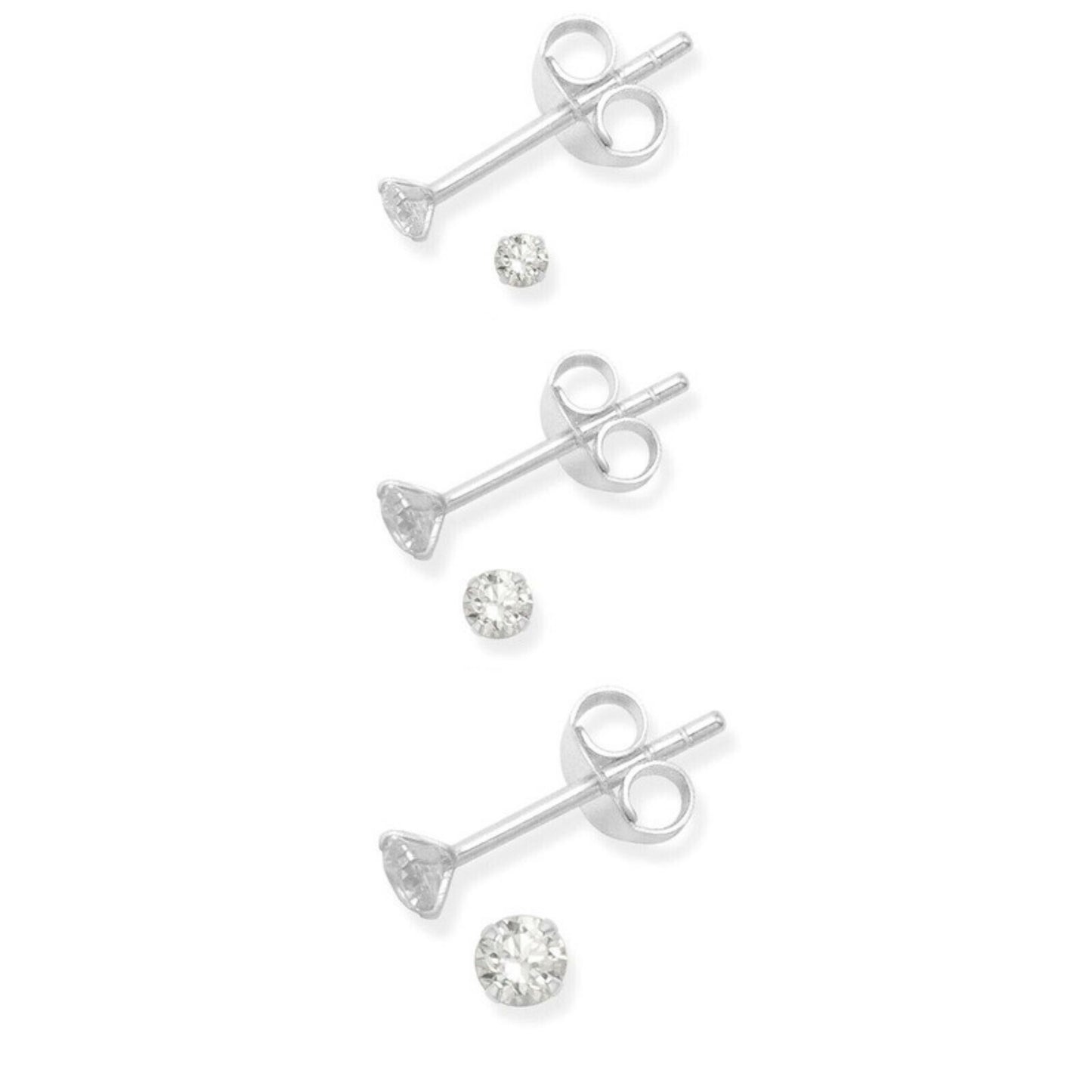 Sterling Silver 2mm 3mm 4mm Clear Round 4 Claw Cubic Zirconia Stud Earrings - sugarkittenlondon