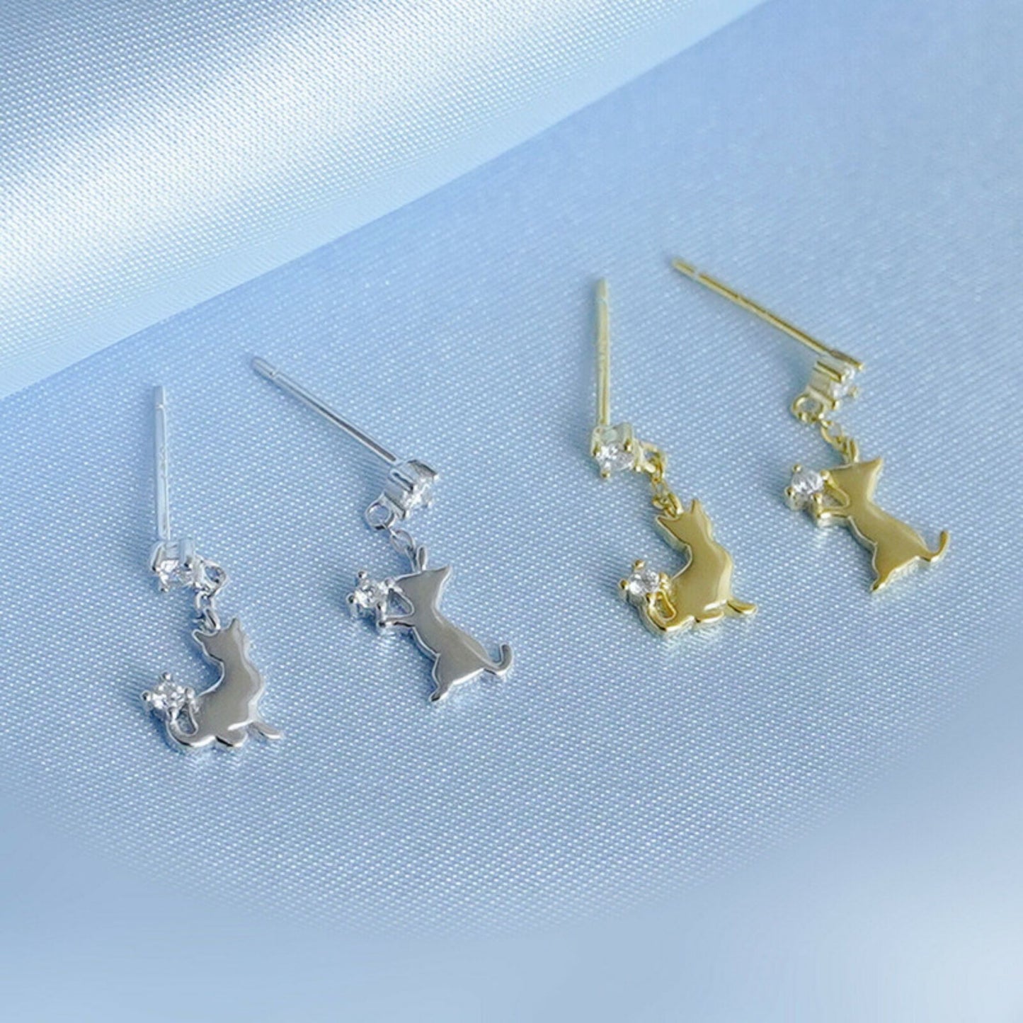 18K Gold Plated Sterling Silver Kitten Drop Stud Earrings with CZ