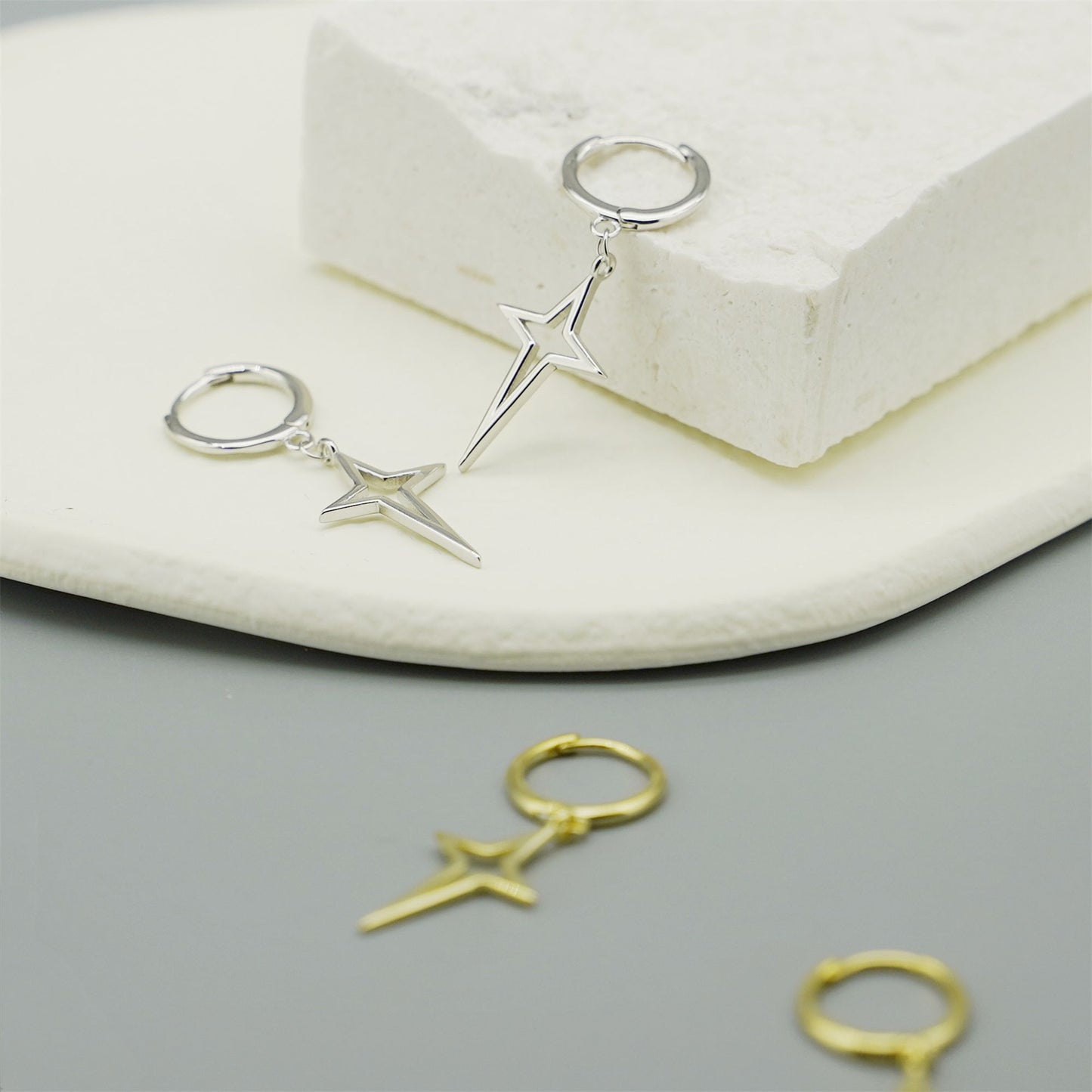 Sterling Silver Sleeper Hoop Earrings with Cross Drop Charm in 2 Tones