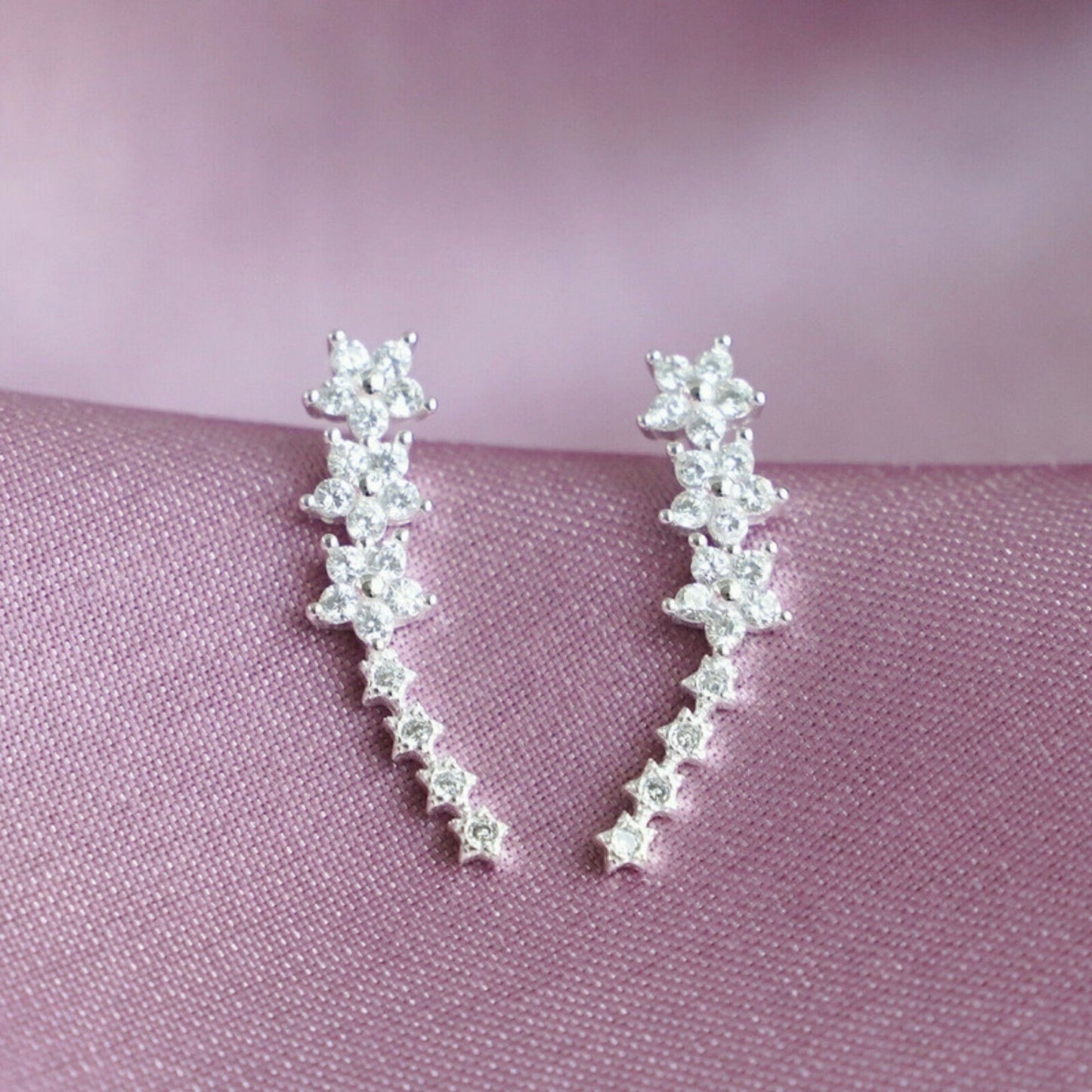 Sterling Silver Paved CZ Curved Line Star Flower Post Drop Climber Earrings - sugarkittenlondon