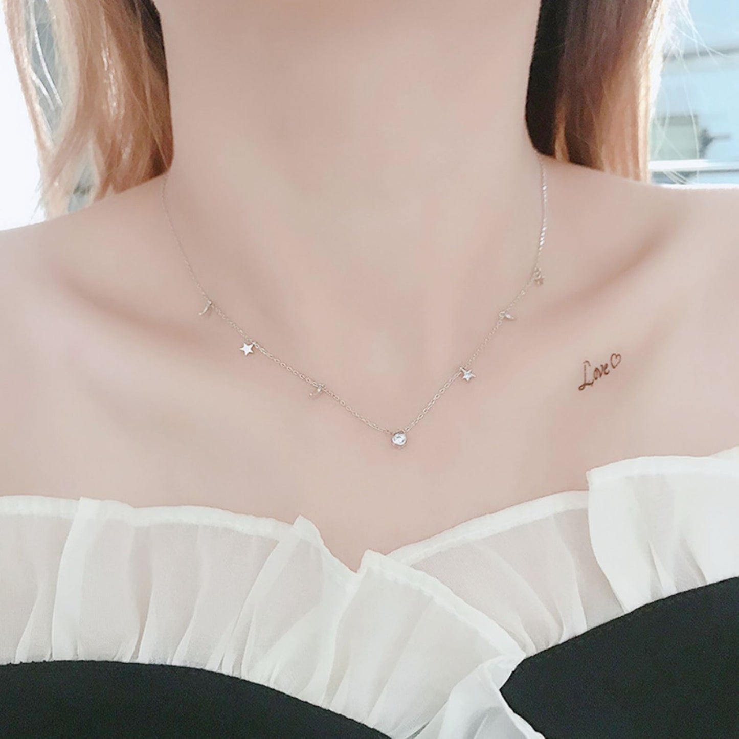 Sterling Silver Mini Star Crescent Moon Bezel Solitaire Charm Drip Necklace 2 Tones - sugarkittenlondon