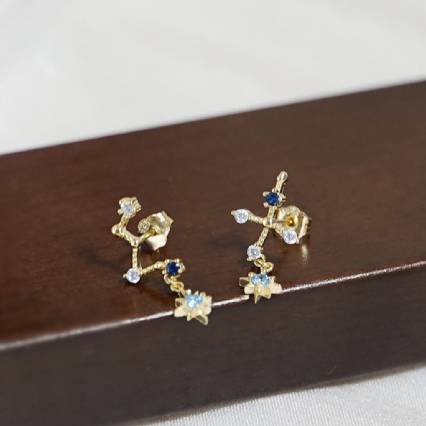 18K Gold on Sterling Silver CZ Big Dipper Blue Polaris Star Cross Climber Drop Earrings - sugarkittenlondon