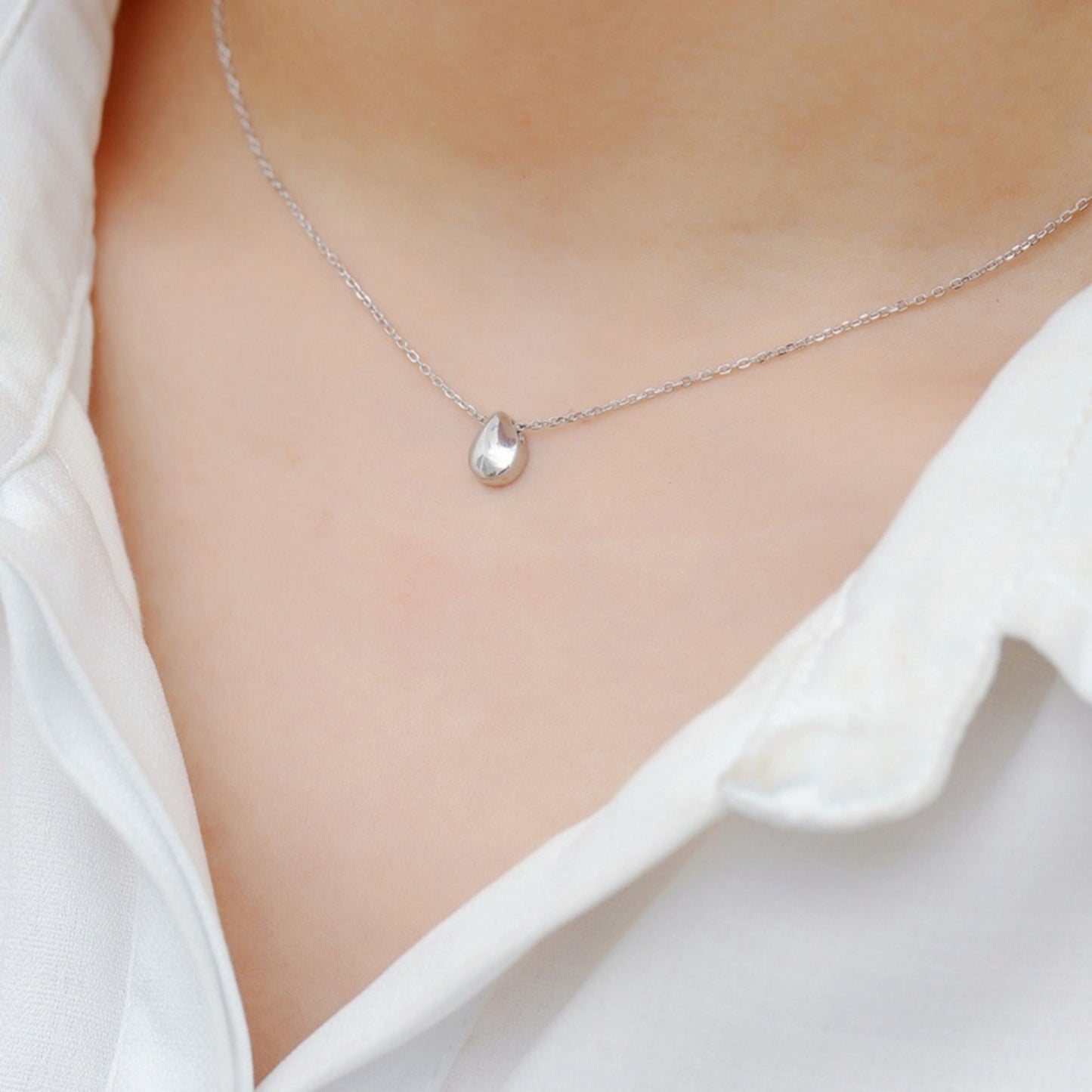Rhodium on Sterling Silver Shiny Dome Waterdrop Pear Teardrop Bead Necklace - sugarkittenlondon