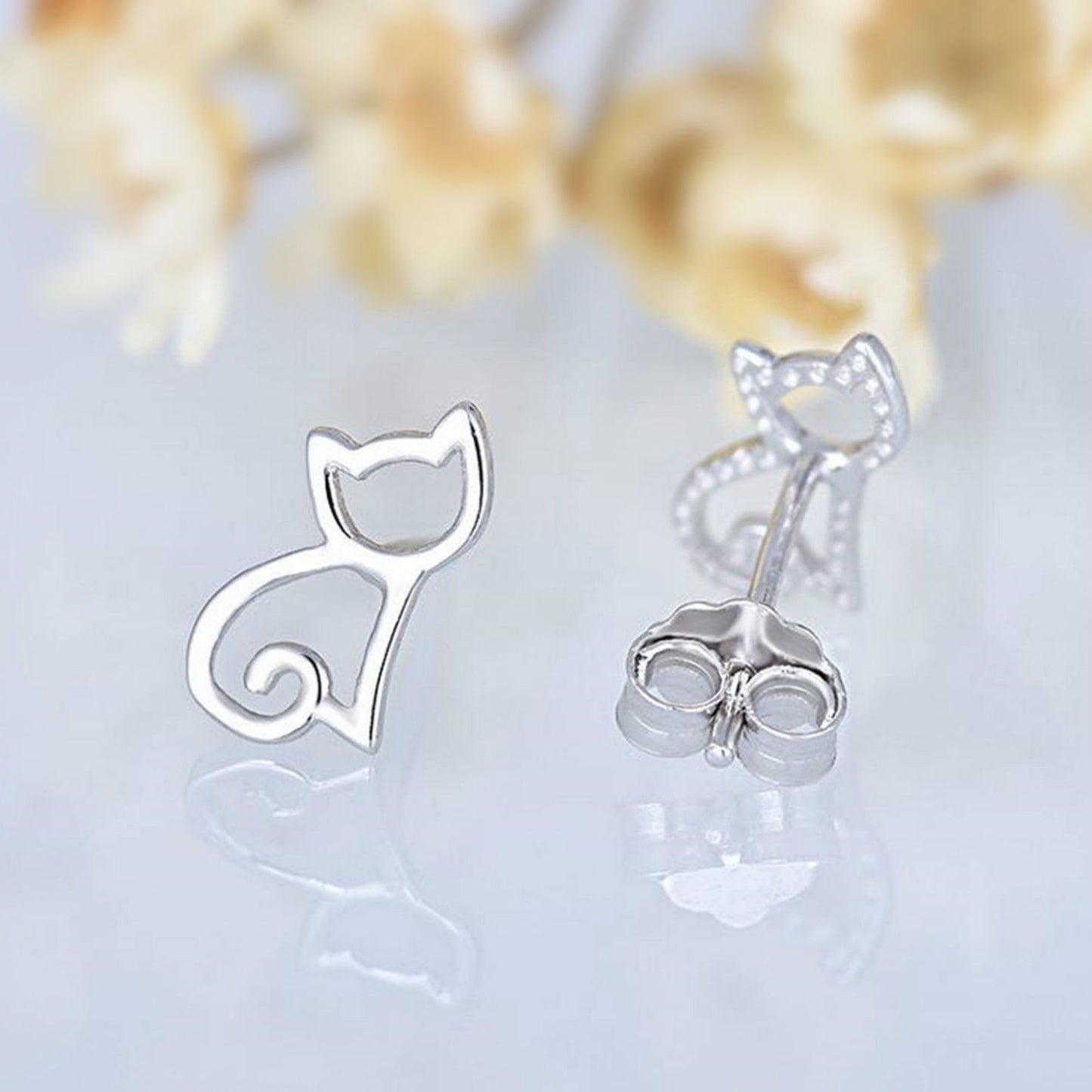 Sterling Silver Hollow Out Cat Kitten Kitty Animal Post Stud Earrings - sugarkittenlondon