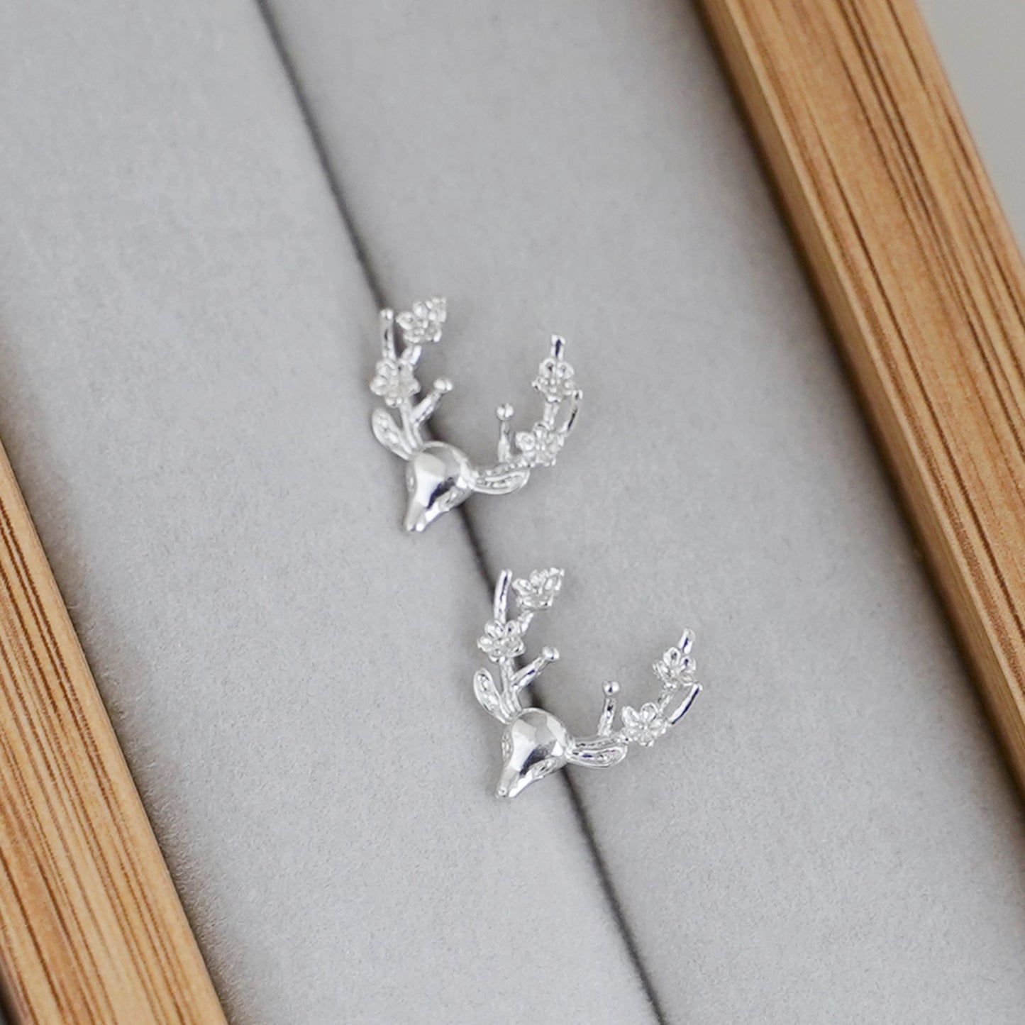 Sterling Silver Shiny Deer Head With Floral Antler Stud Earrings - sugarkittenlondon