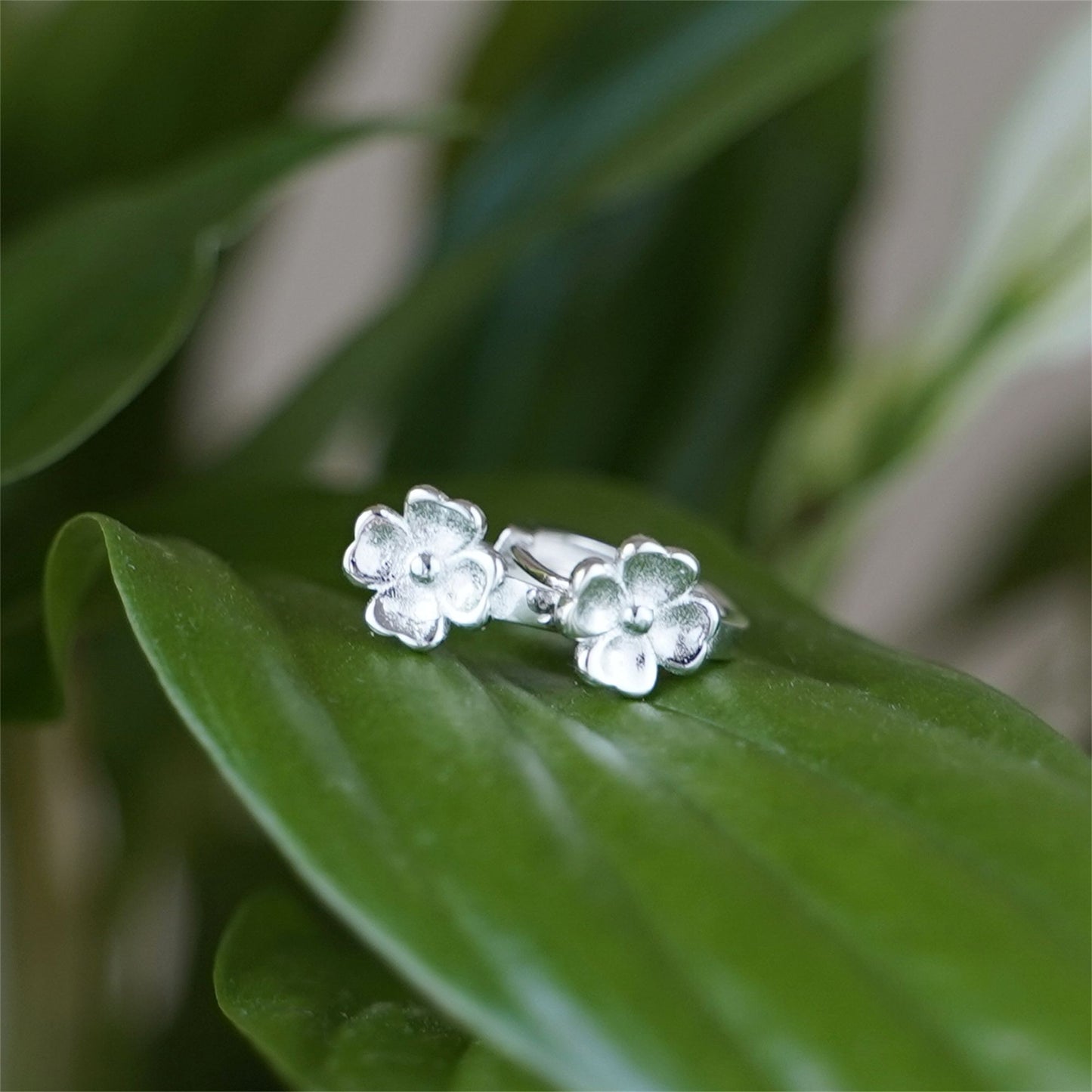 Sterling Silver Clover Flower Shamrock Blossom Huggie 9mm Hoop Earrings