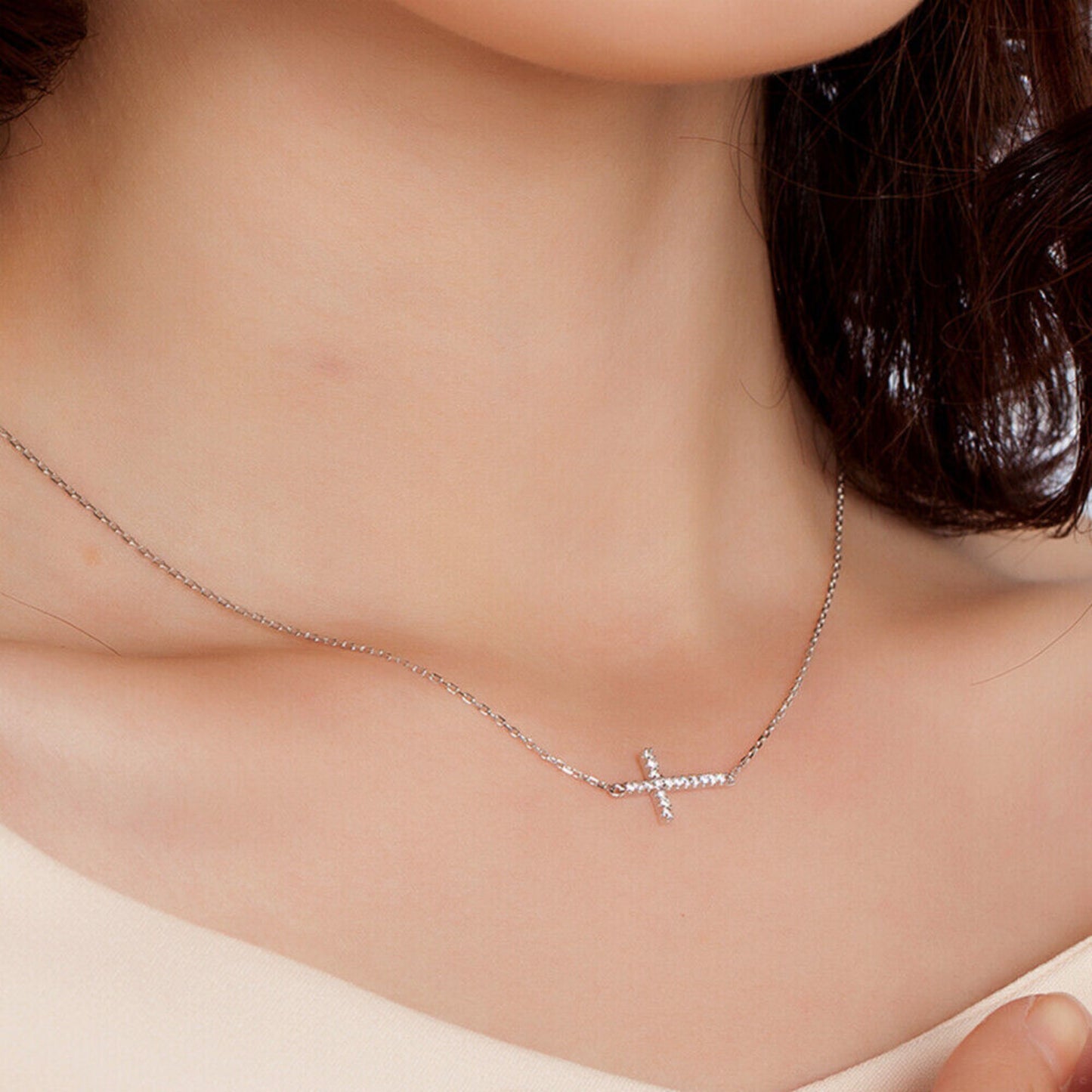 Sterling Silver Sideways Cross Micro Pave CZ Horizontal Pendant Necklace - sugarkittenlondon
