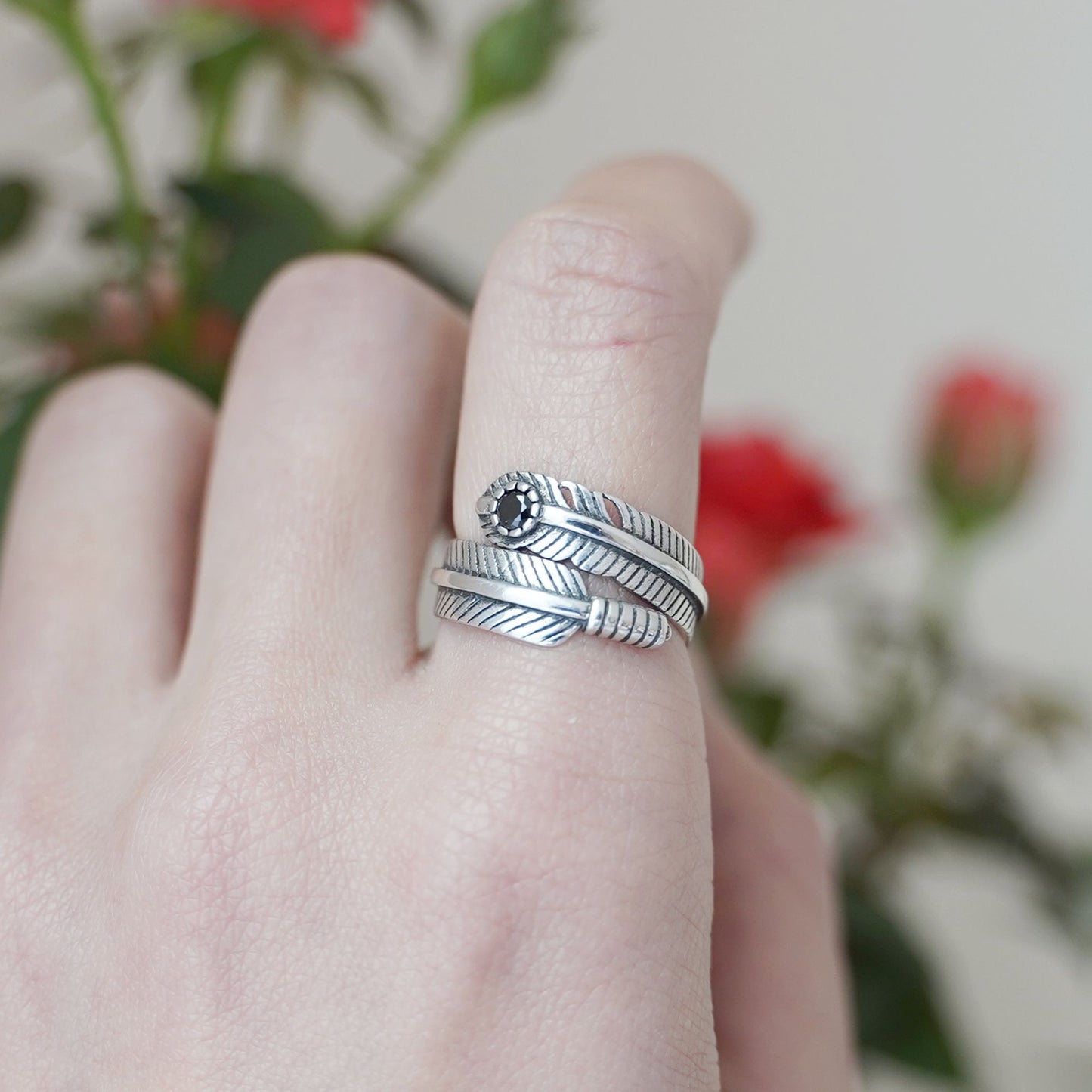 Sterling Silver Oxidized Black CZ Leaf Feather Angel Wing Wrap Ring Unisex - sugarkittenlondon