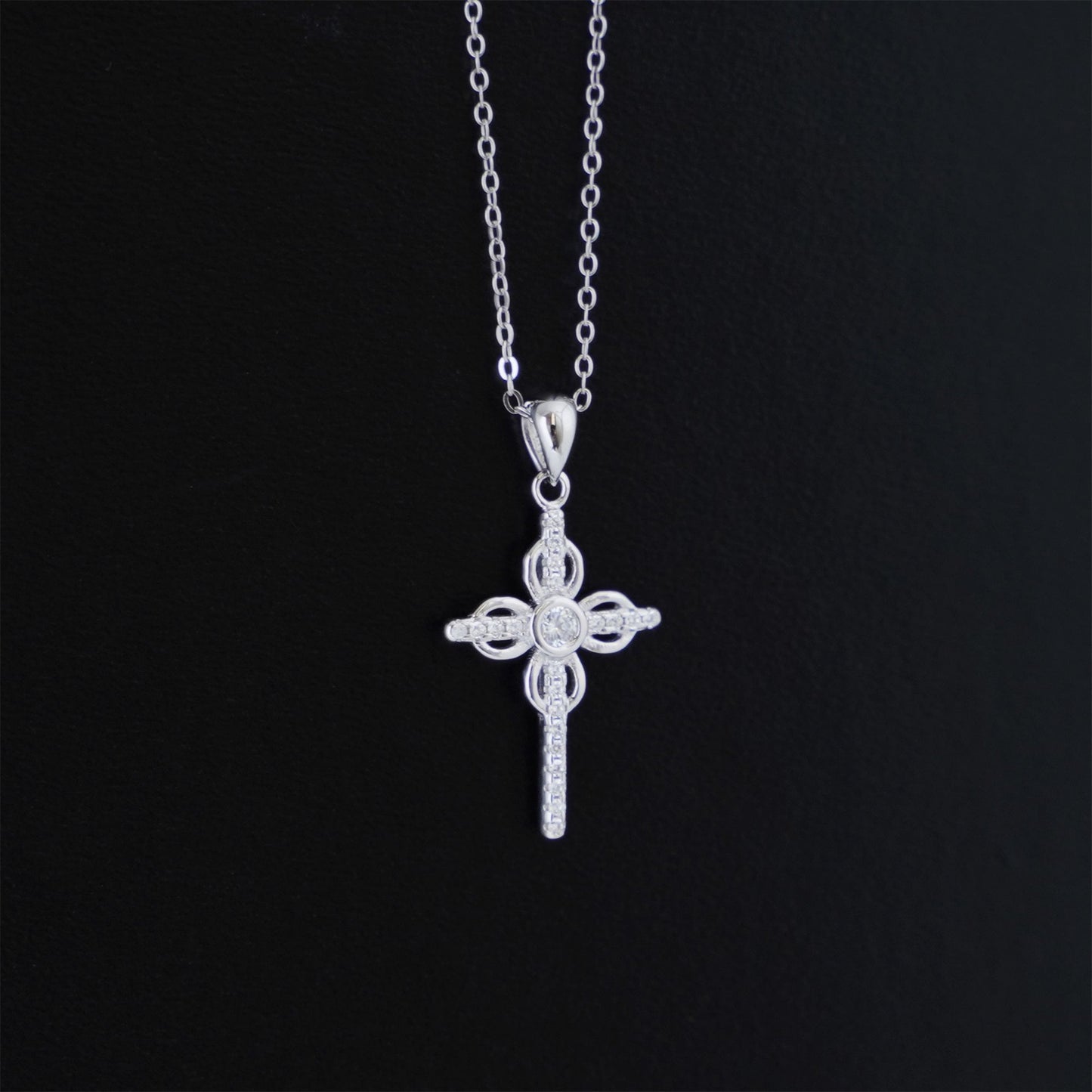 Sterling Silver Thin Paved CZ Ribbon Cross Bezel CZ Centre Pendant Necklace - sugarkittenlondon