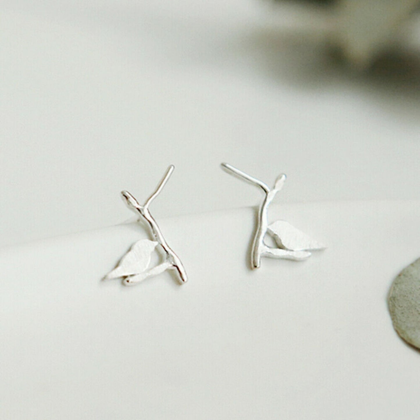 Sterling Silver Shiny Brushed Bird On A Polished Branch Stud Earrings - sugarkittenlondon