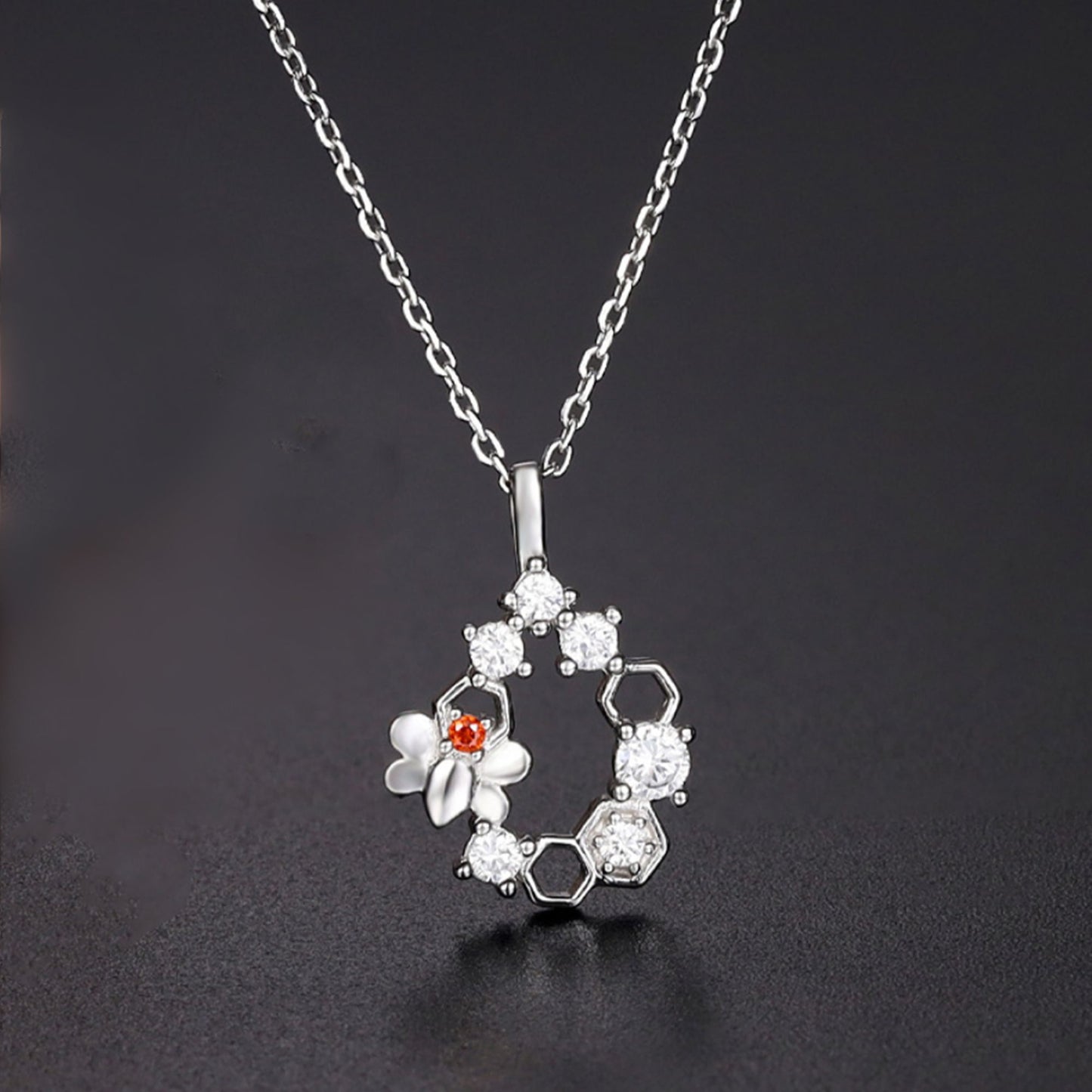 Sterling Silver Bee On Honeycomb Red White CZ Beehive Wreath Pendant Necklace - sugarkittenlondon