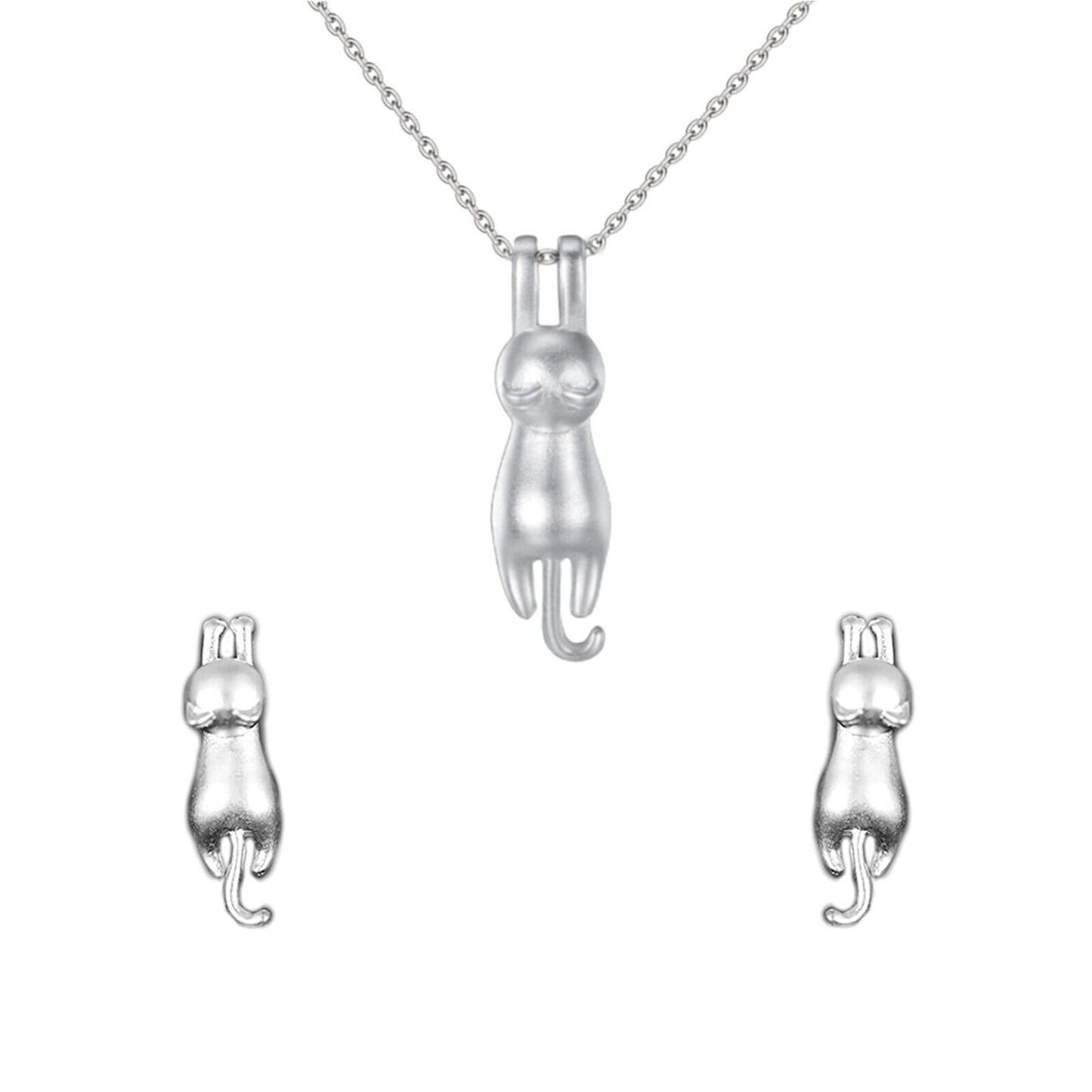 Sterling Silver Matte Hanging Cat Jumping Kitten Stud Earrings Pendant Necklace - sugarkittenlondon