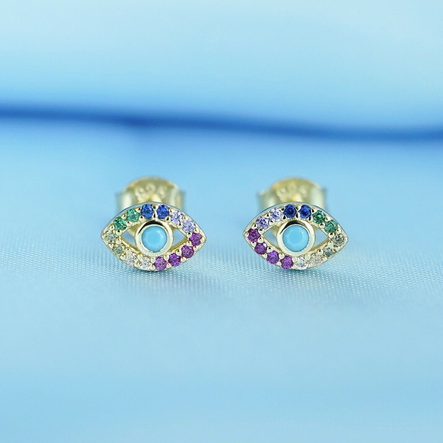 Sterling Silver Evil Eye Stud Earrings with 14K Gold Plating, Rainbow CZ and Turquoise