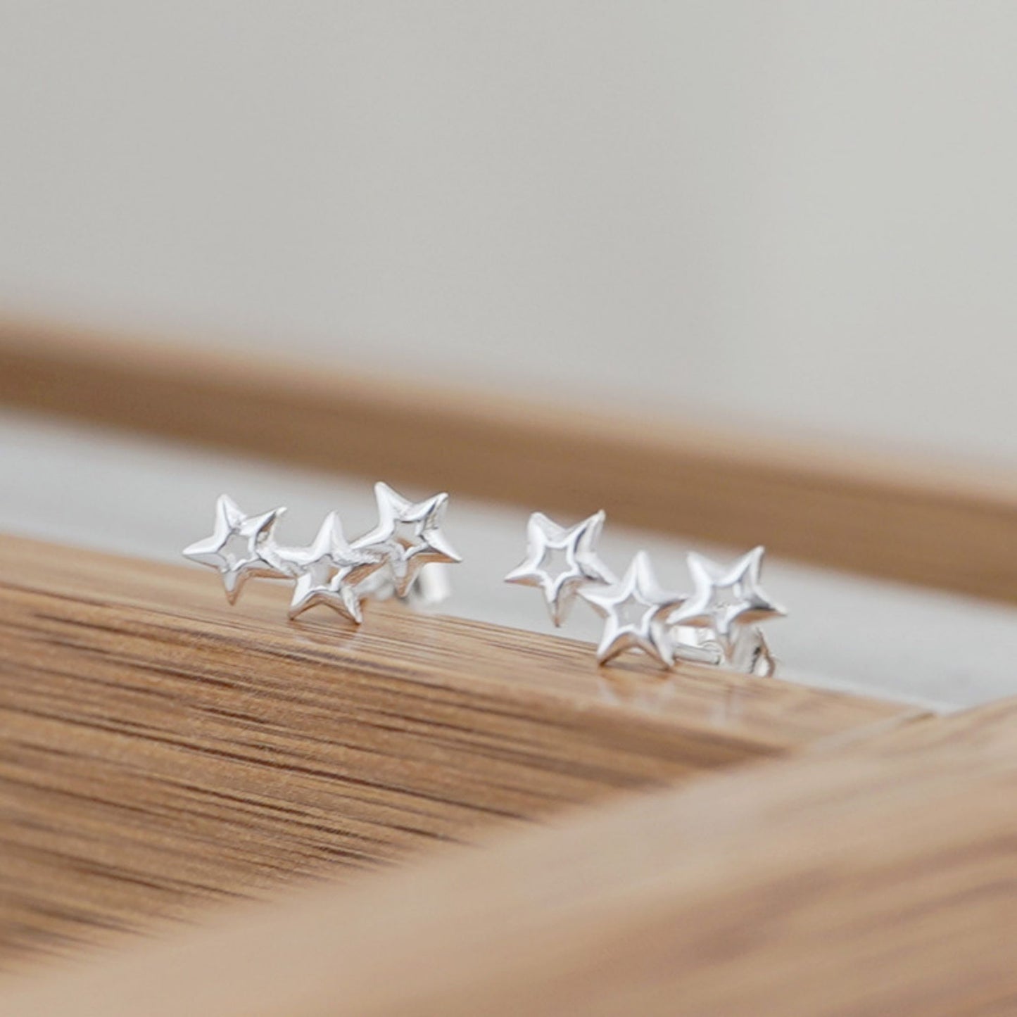 Sterling Silver Triple Hollow Lucky Stars Trinity Line Girls Stud Earrings Boxed - sugarkittenlondon
