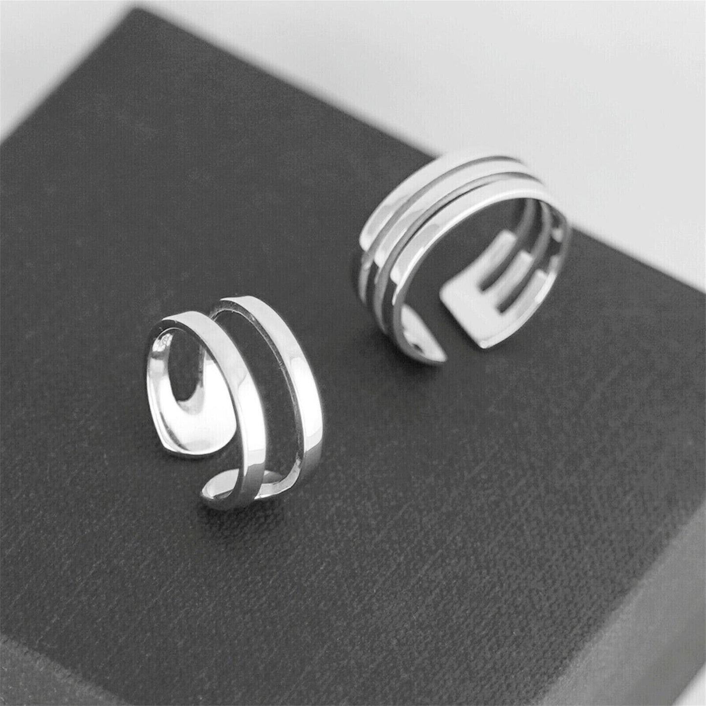 Sterling Silver Couple Rings Double Triple Parallel Bar Wide Line Open Band Ring - sugarkittenlondon