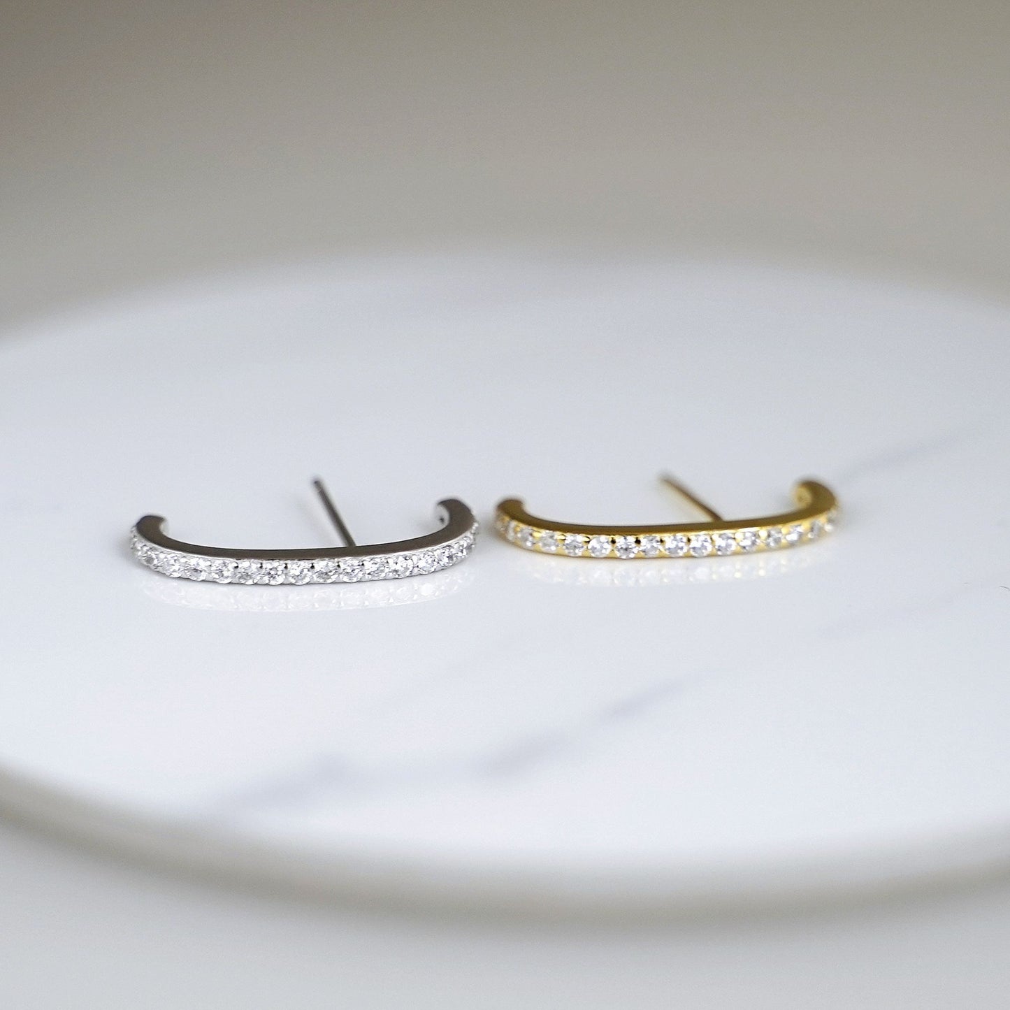 18K Gold Eternity Suspender Line Cuff Stud Earrings with Paved CZ
