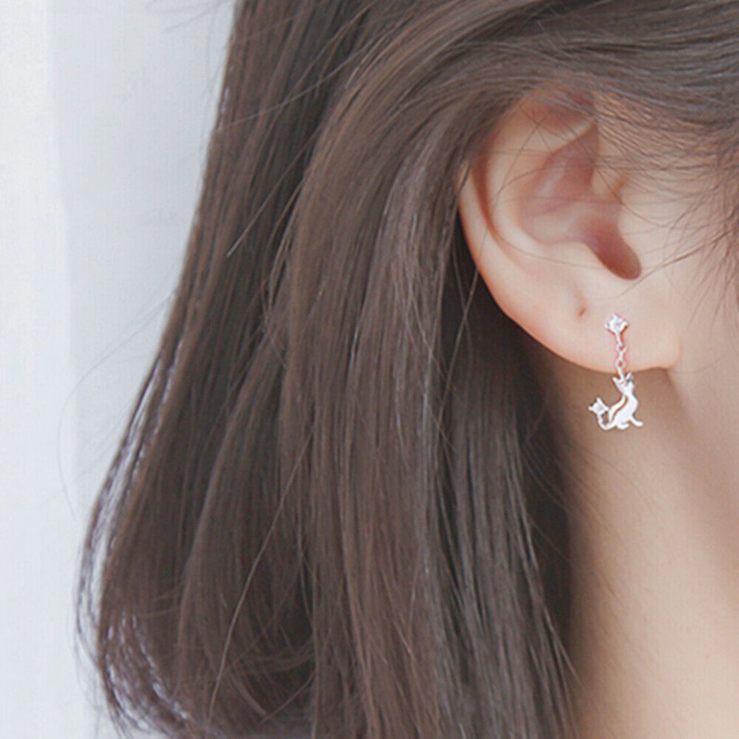 925 Sterling Silver CZ Courting Cat Playful Kitten Drop Stud Earrings