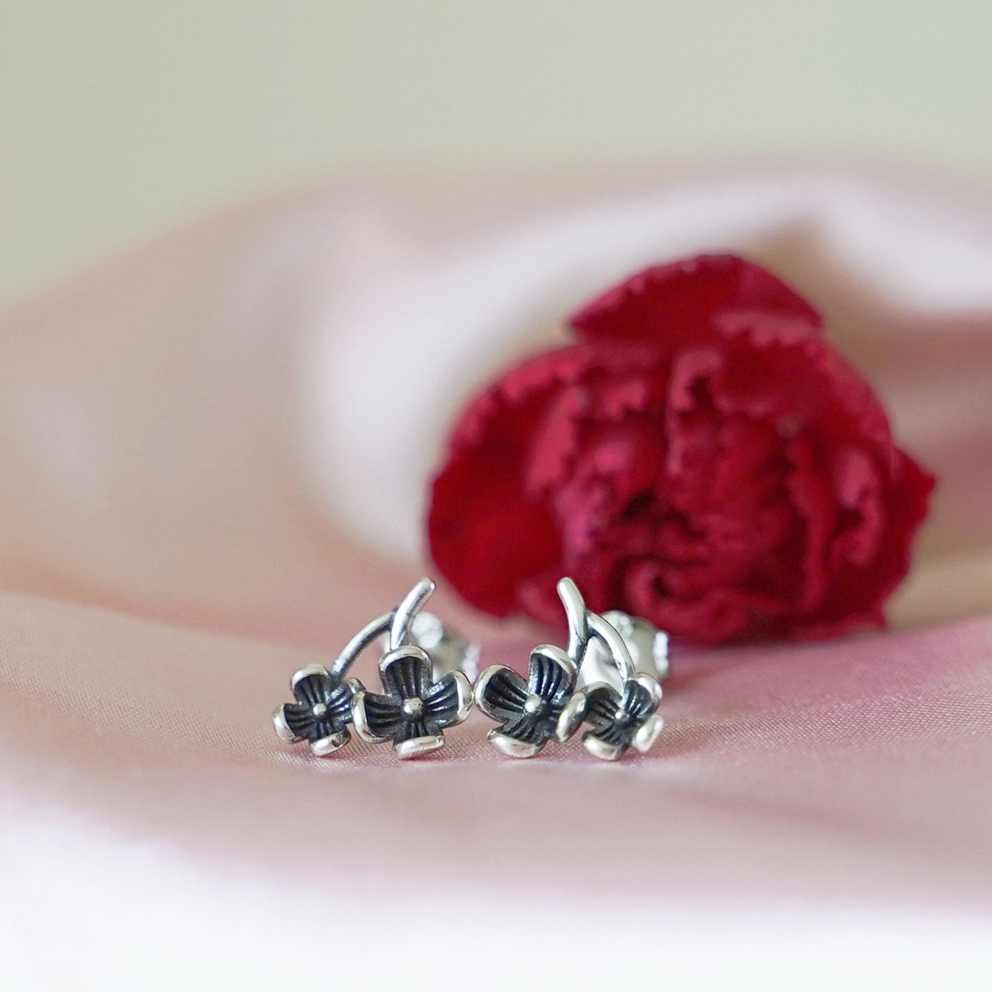 Sterling Silver Oxidized Retro Flower Branch Blossom Pair Drop Stud Earrings - sugarkittenlondon